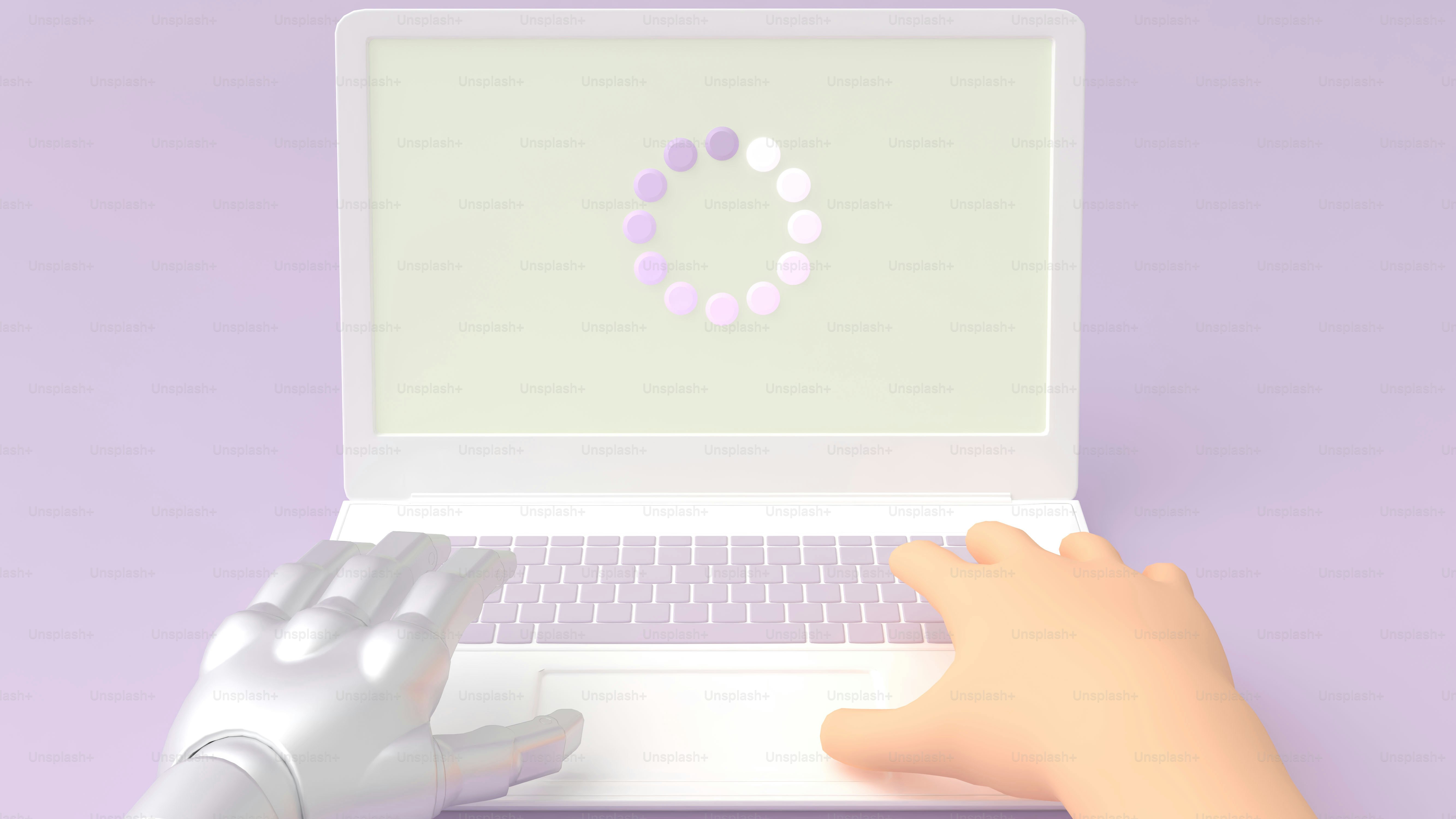 Robot dan tangan manusia mengetik di laptop
