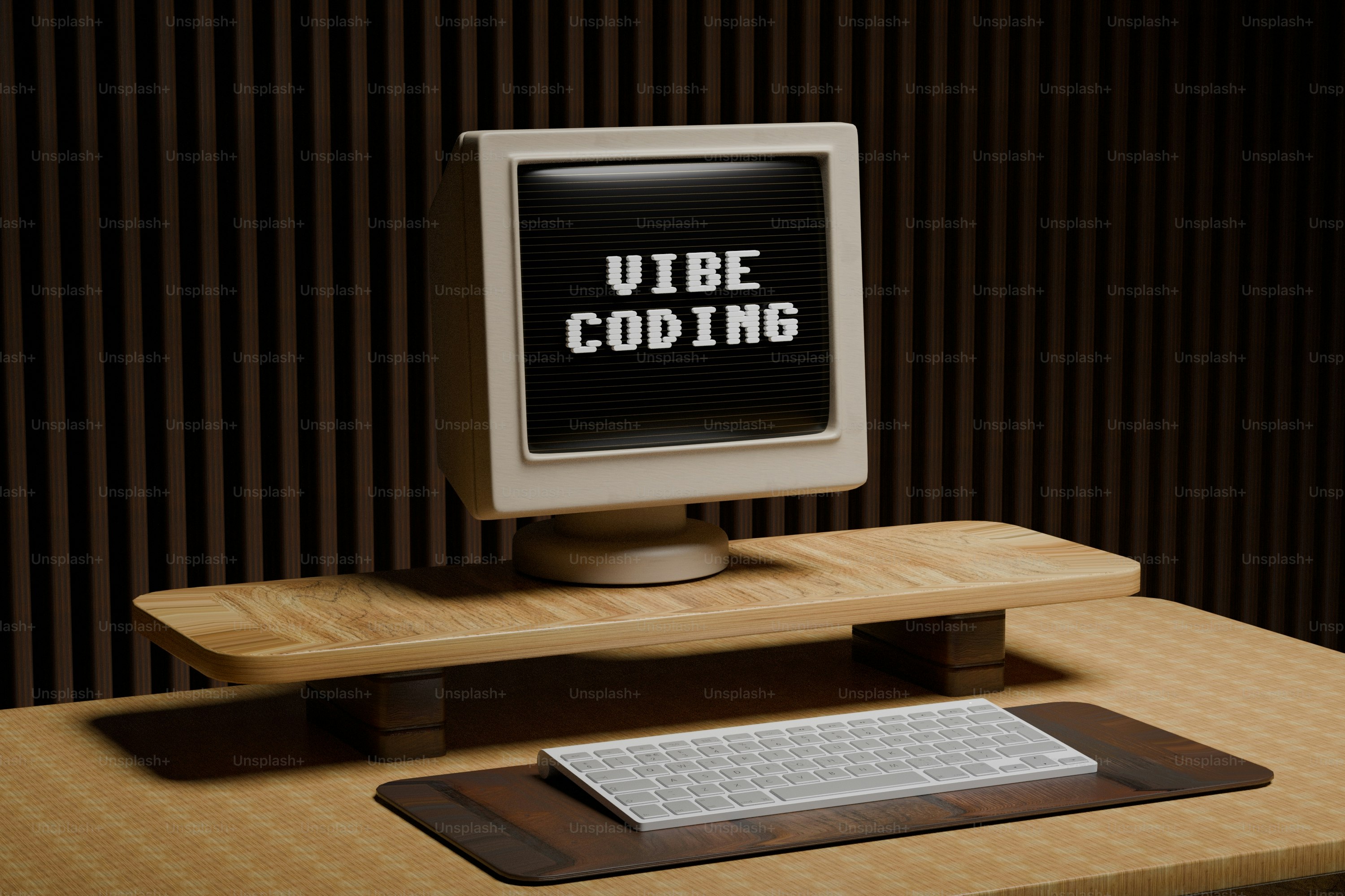 Configuration rétro d’ordinateur avec du « vibe coding » à l’écran.
