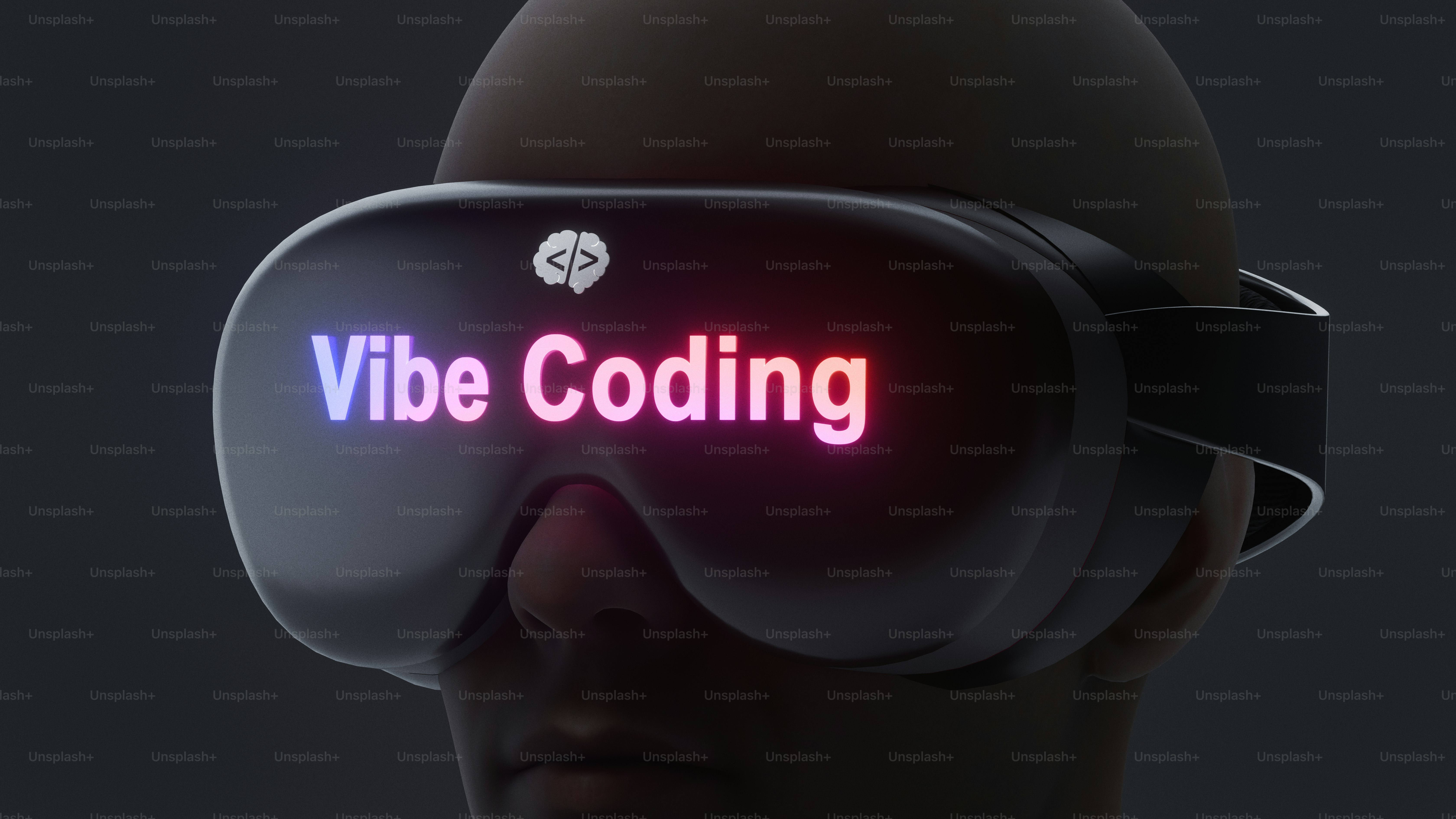 Headset VR exibindo texto de "vibe coding"