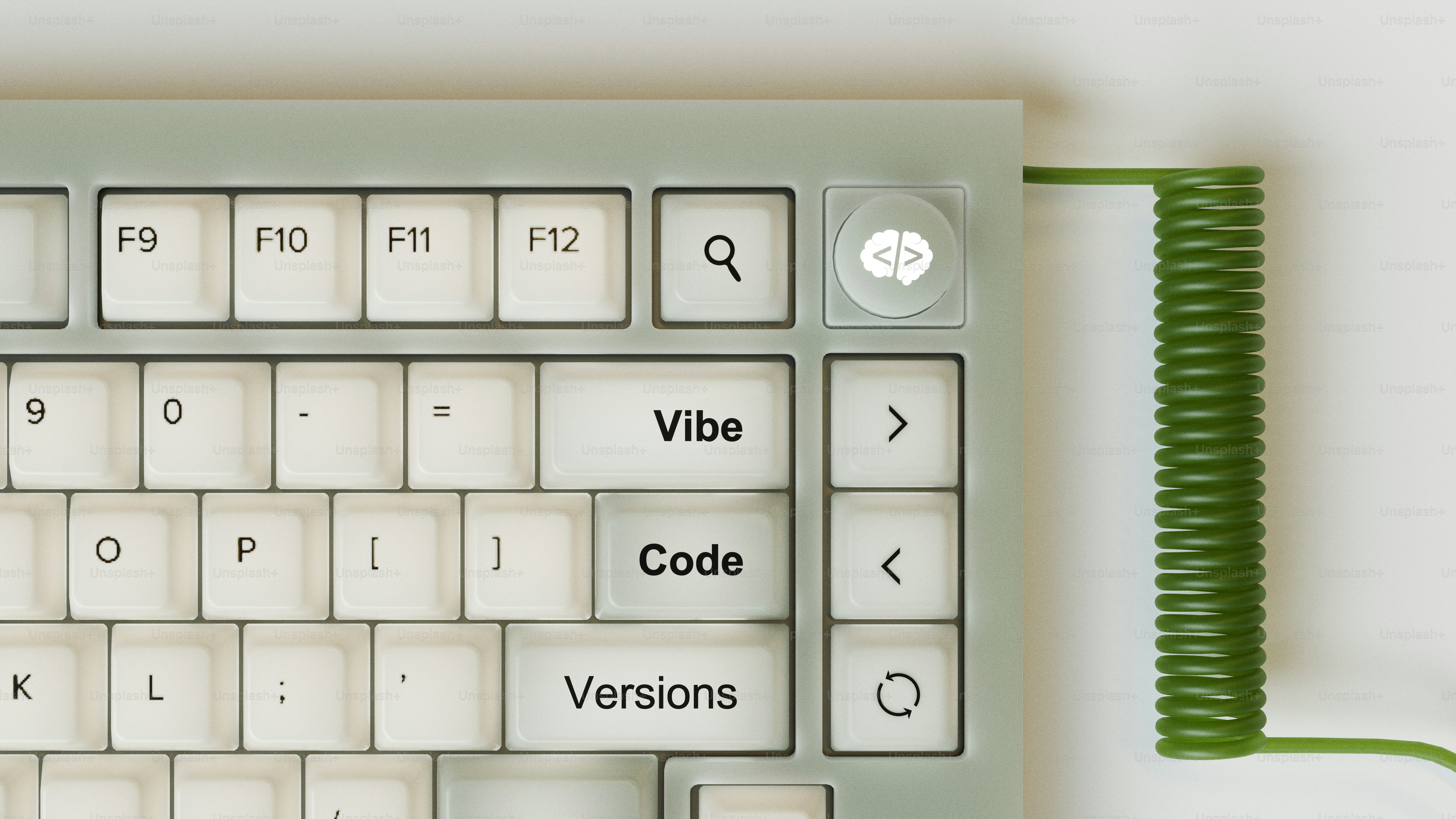 Um close de um teclado verde claro com teclas brancas.