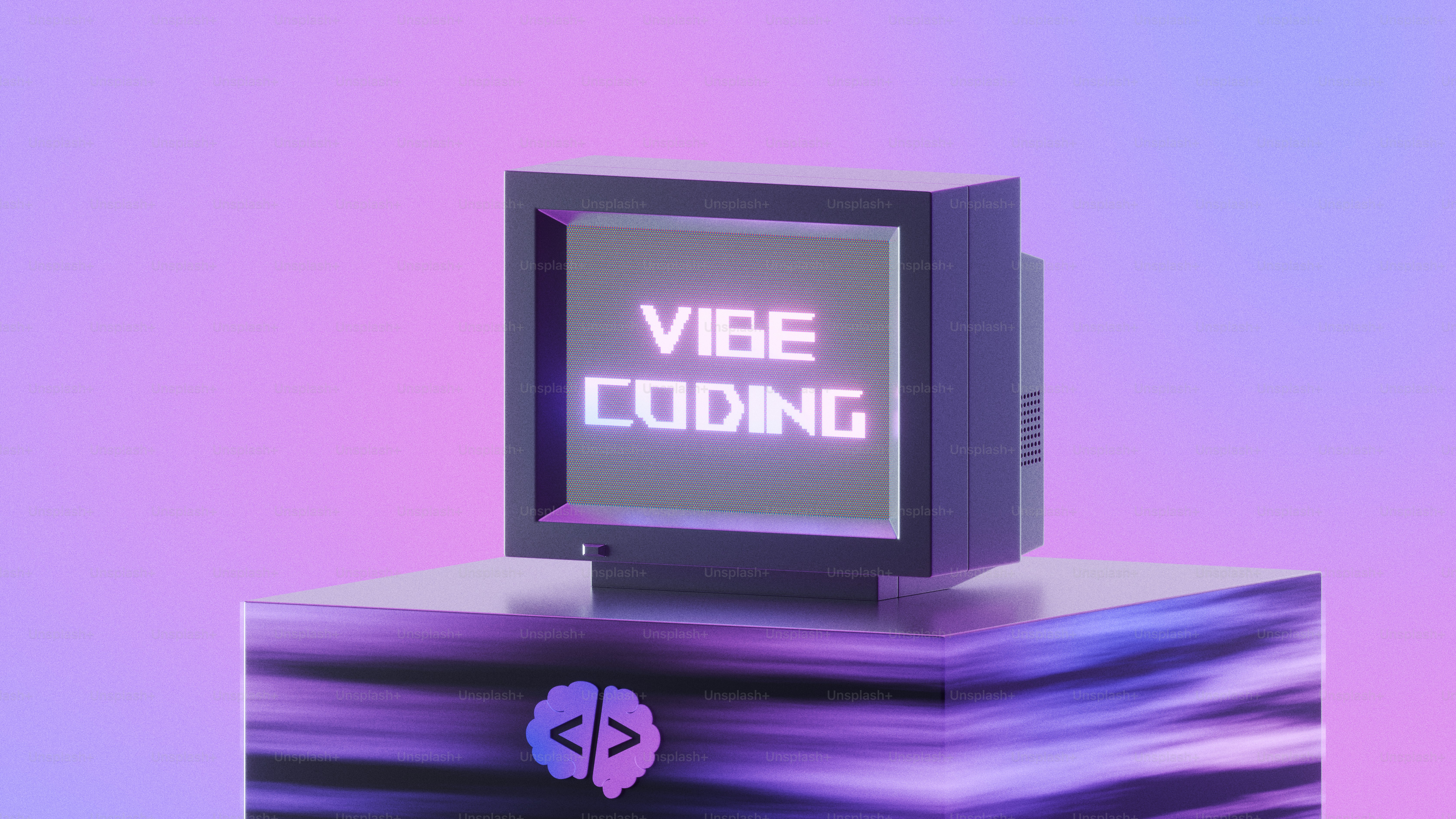 A tela retrô do computador exibe texto de codificação do Vibe.