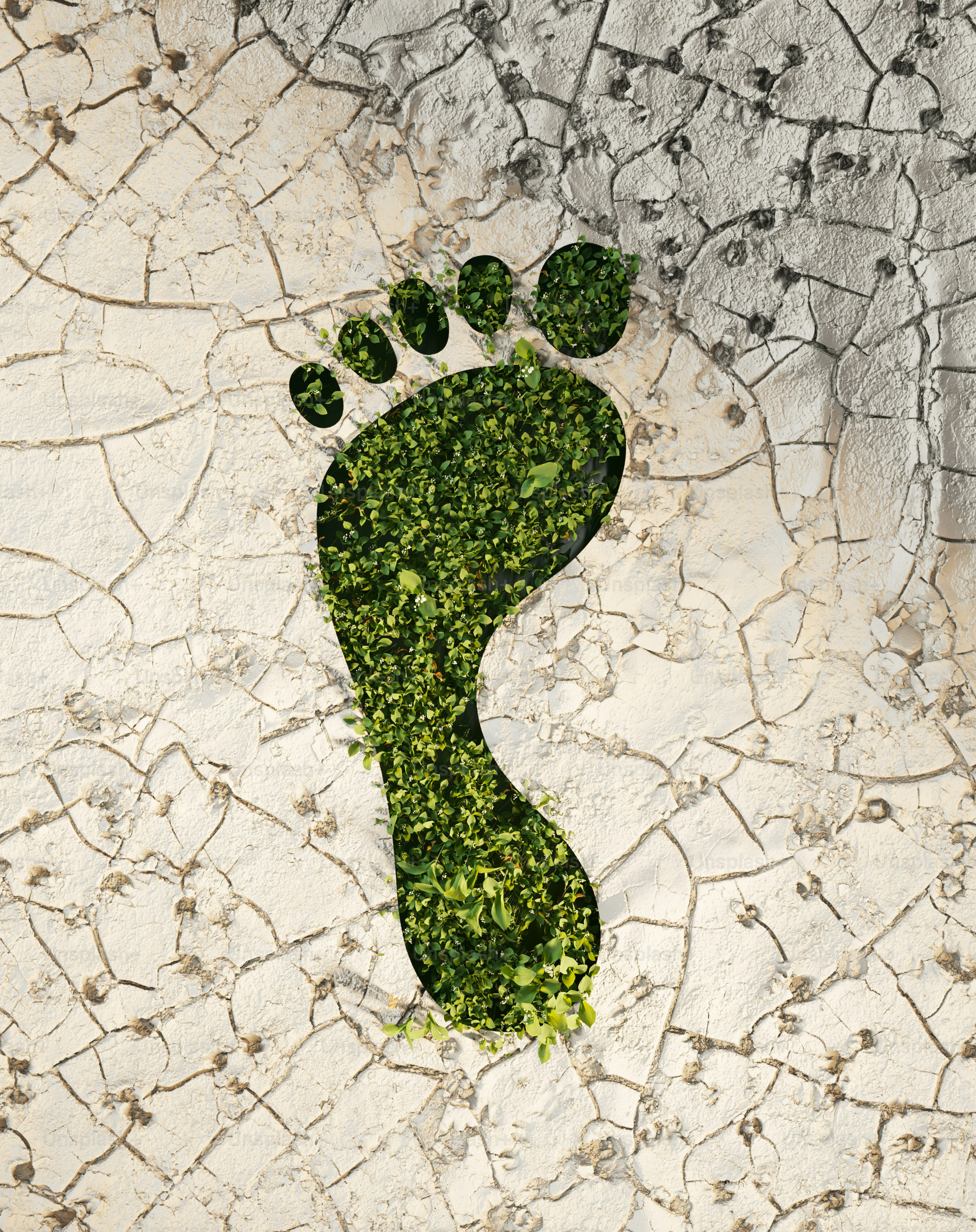 ひび割れた乾いた大地に残る緑の足跡