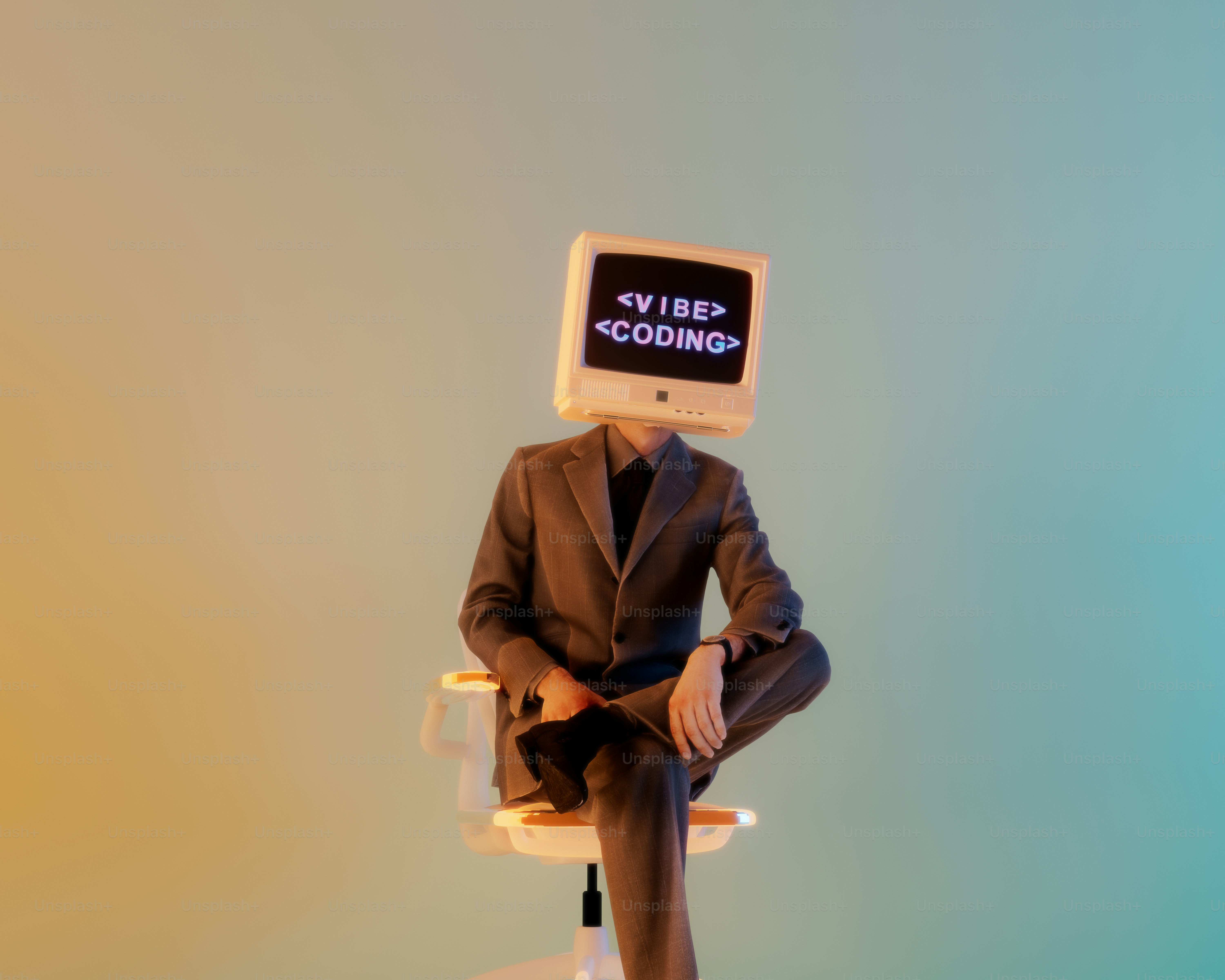 コンピュータモニターの頭とコーディングテキストを持つ人物。