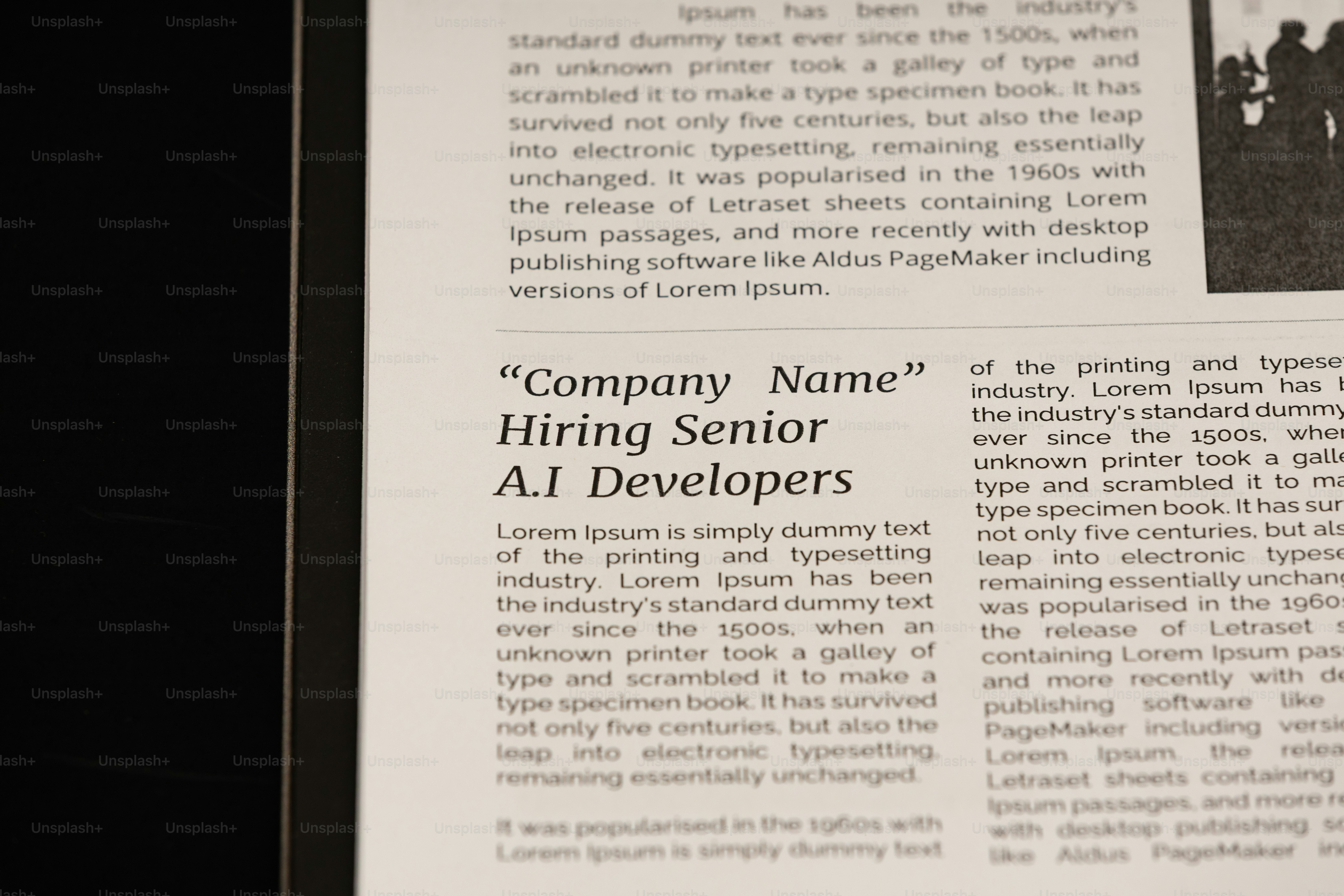 Newspaper clipping with job advertisement for ai developers.