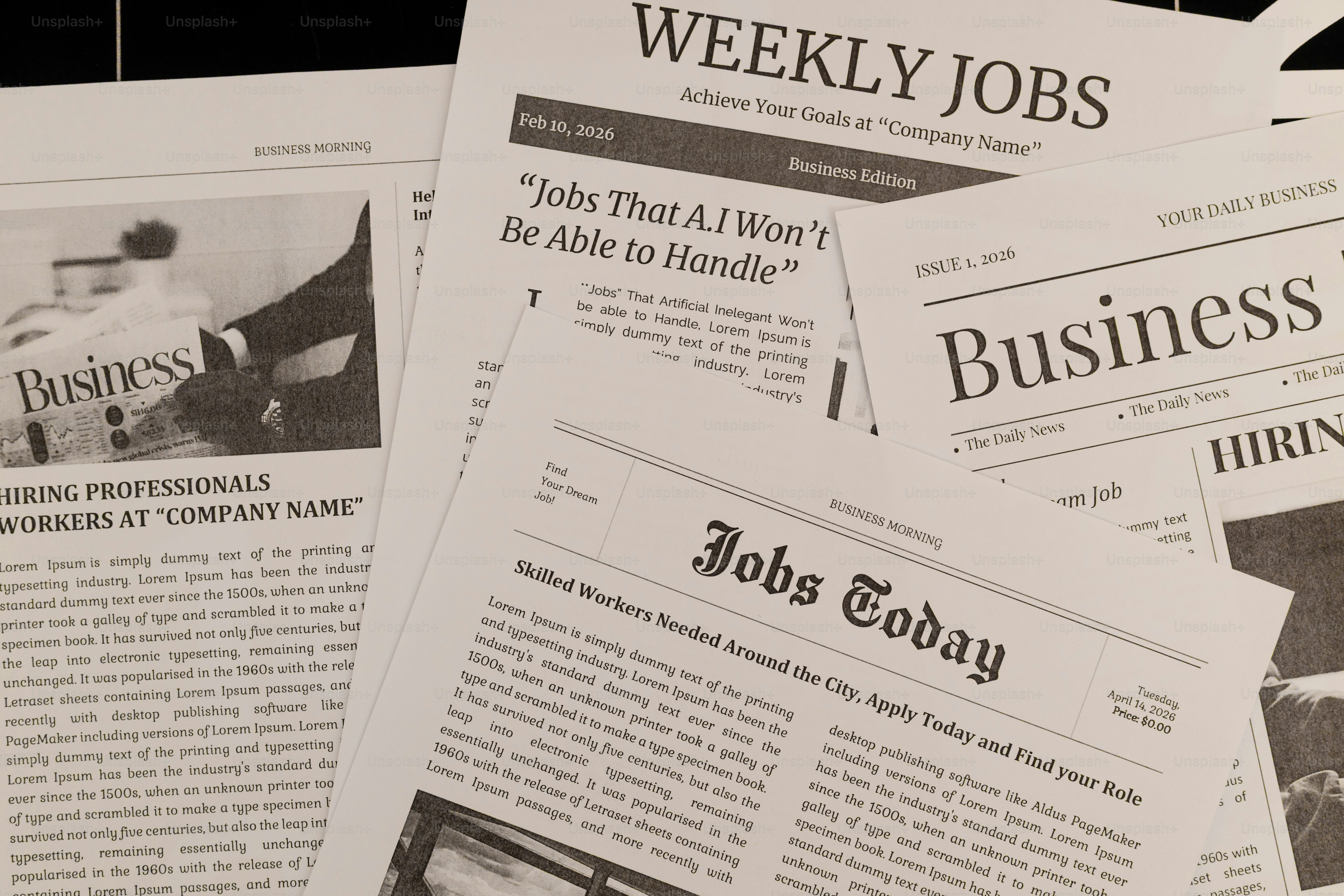 Several newspapers with job listings and business sections