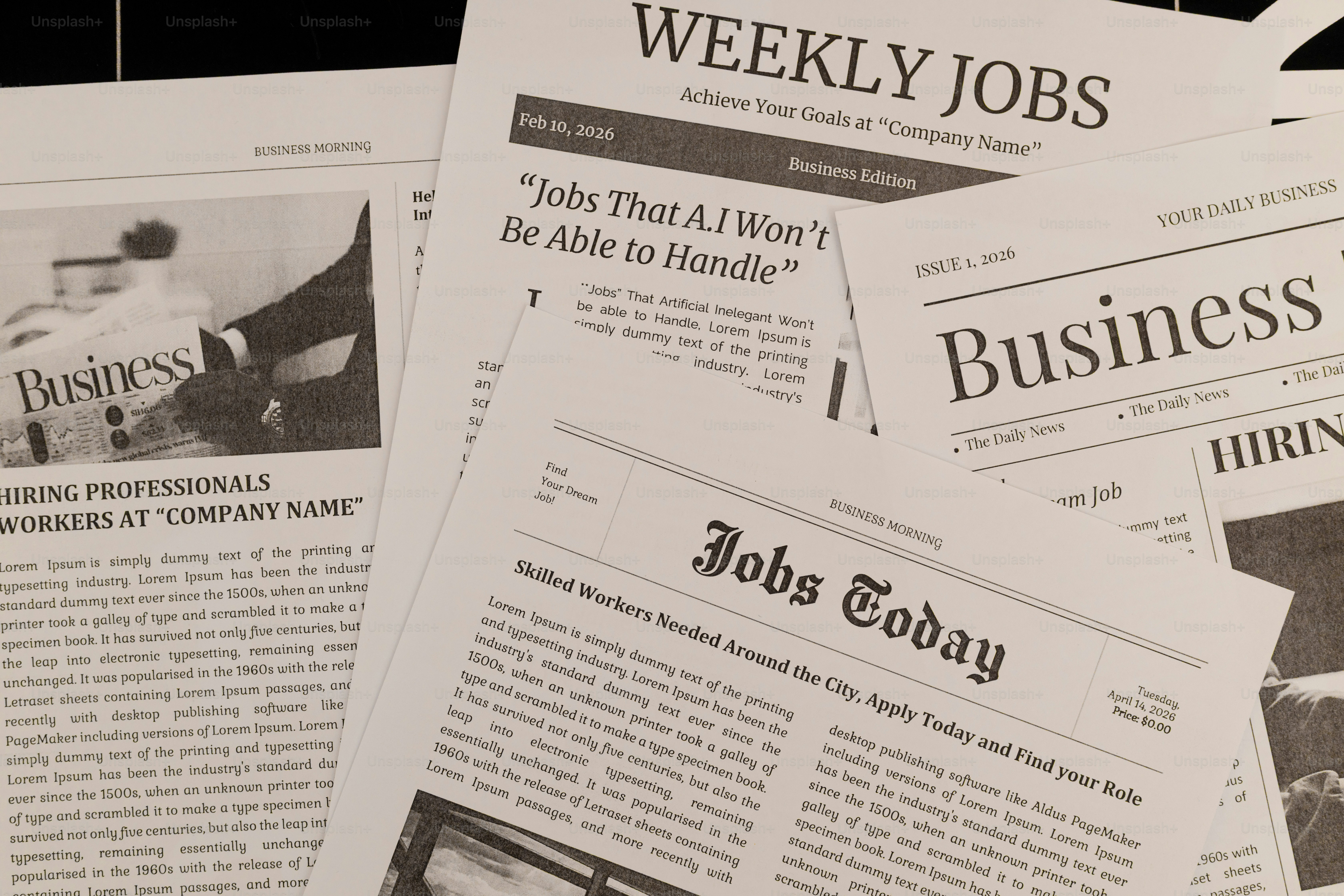 Several newspapers with job listings and business sections