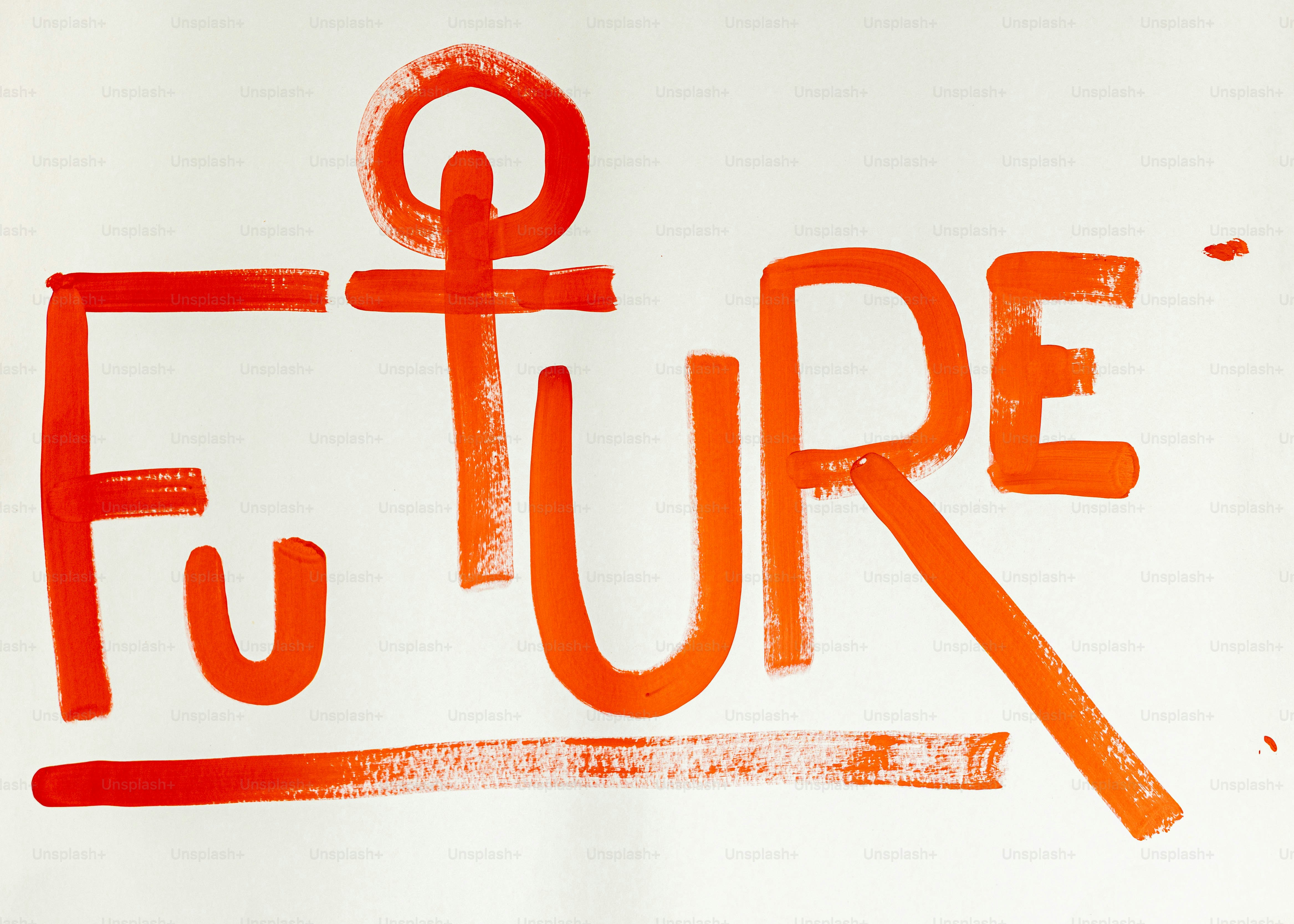 흰색 바탕에 금성 기호가 있는 주황색 "미래" 텍스트