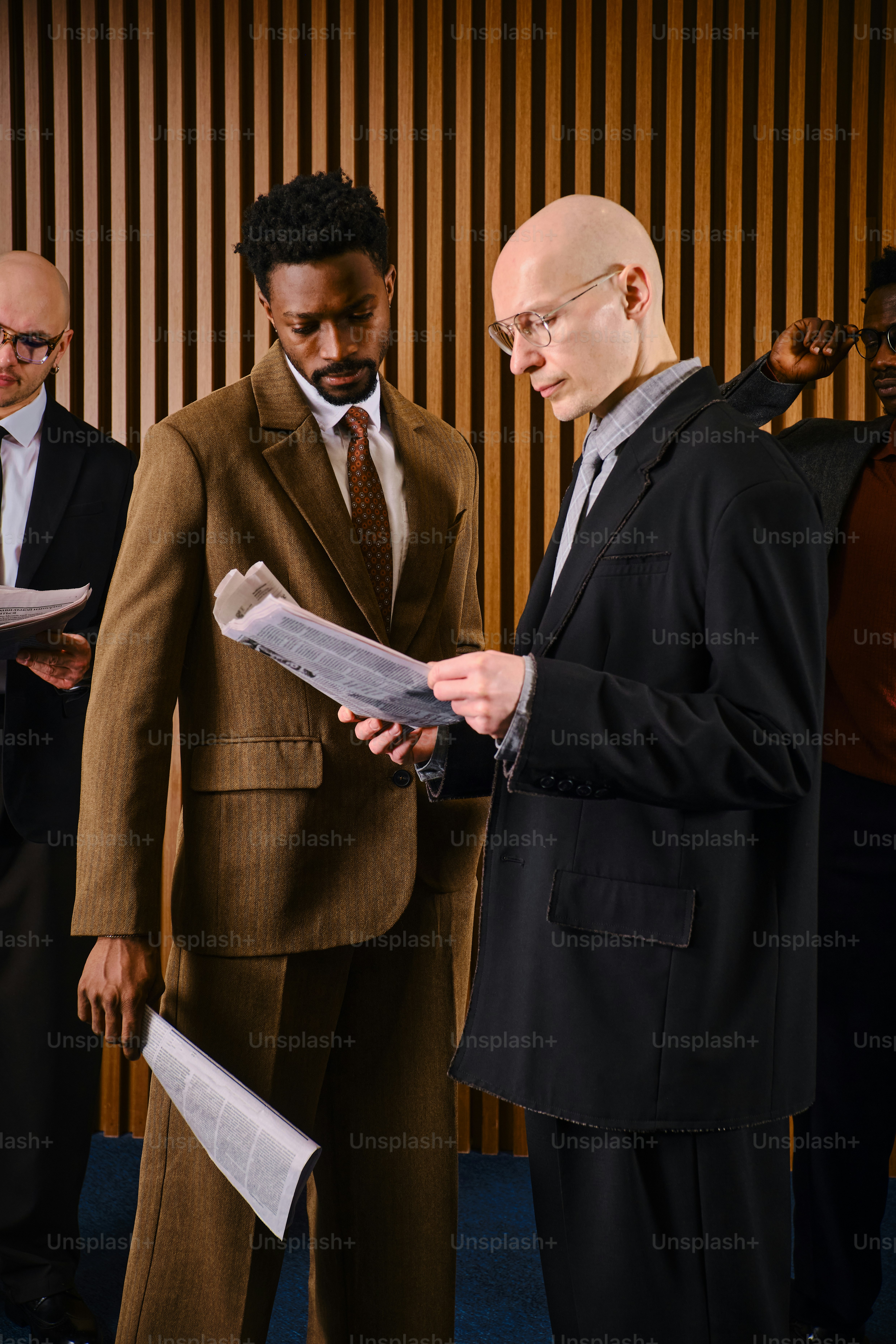 スーツ姿の二人の男が一緒に書類を見ている。