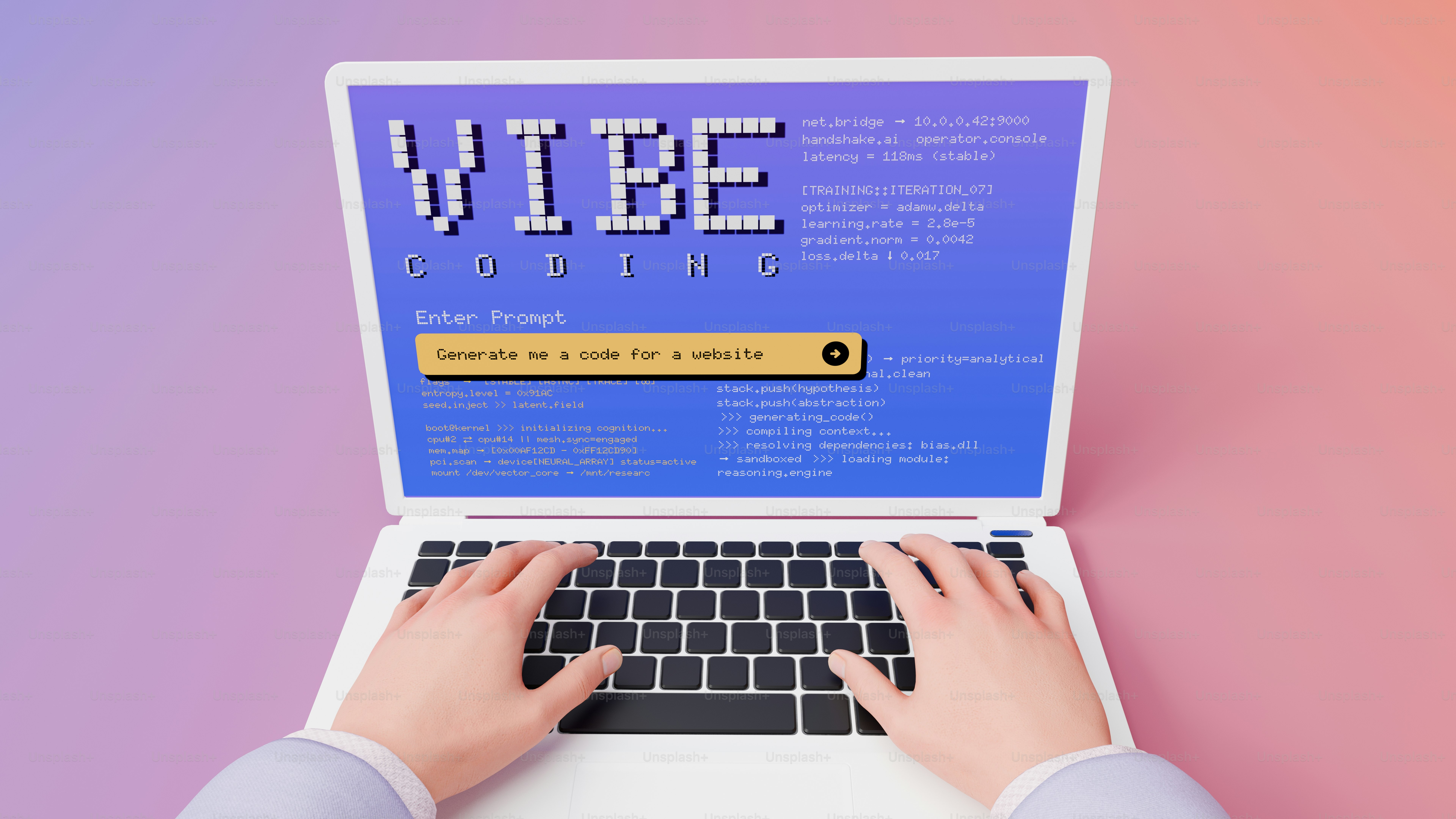 Tangan mengetik di laptop dengan pengkodean getaran di layar.