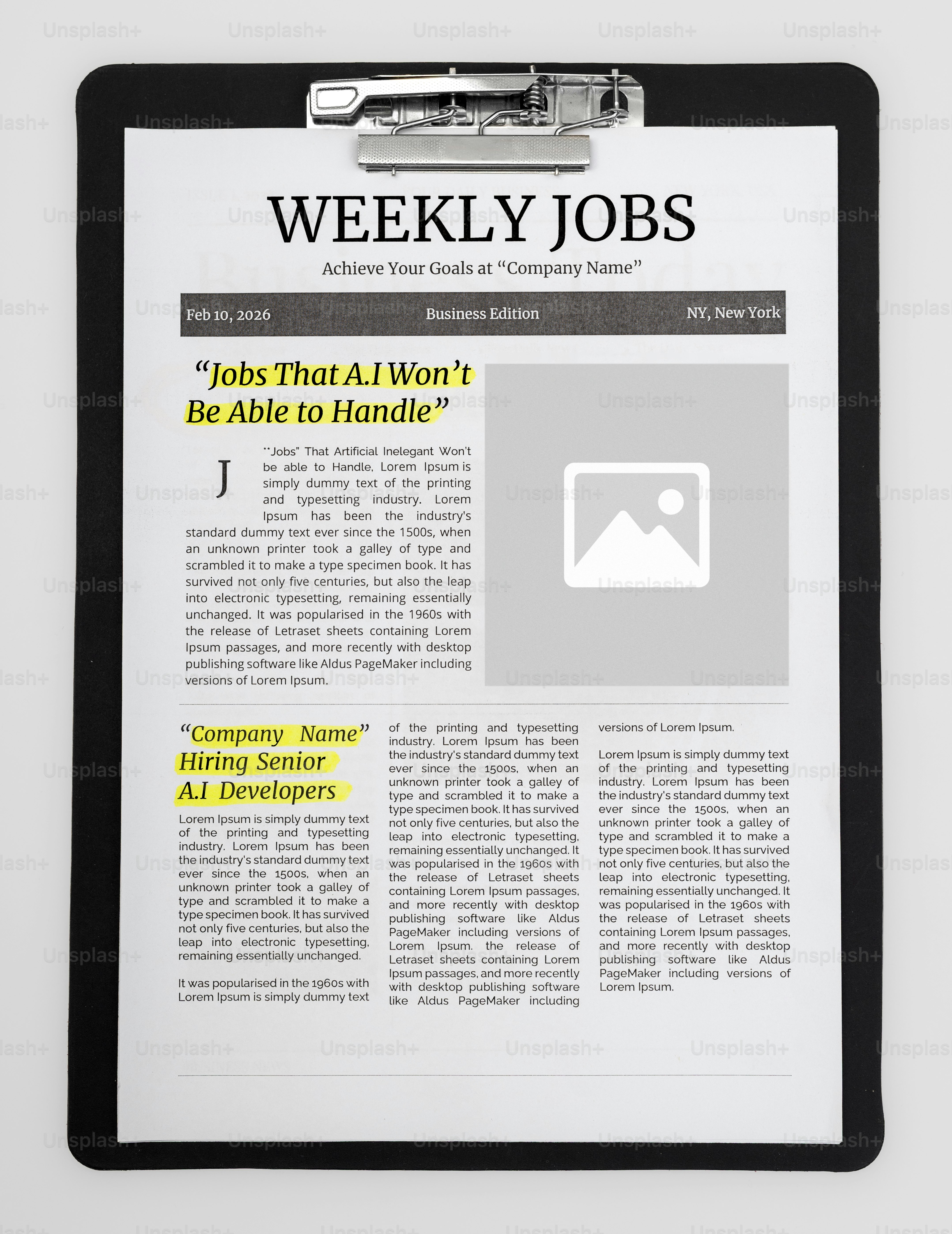 Clipboard holding a newspaper about jobs