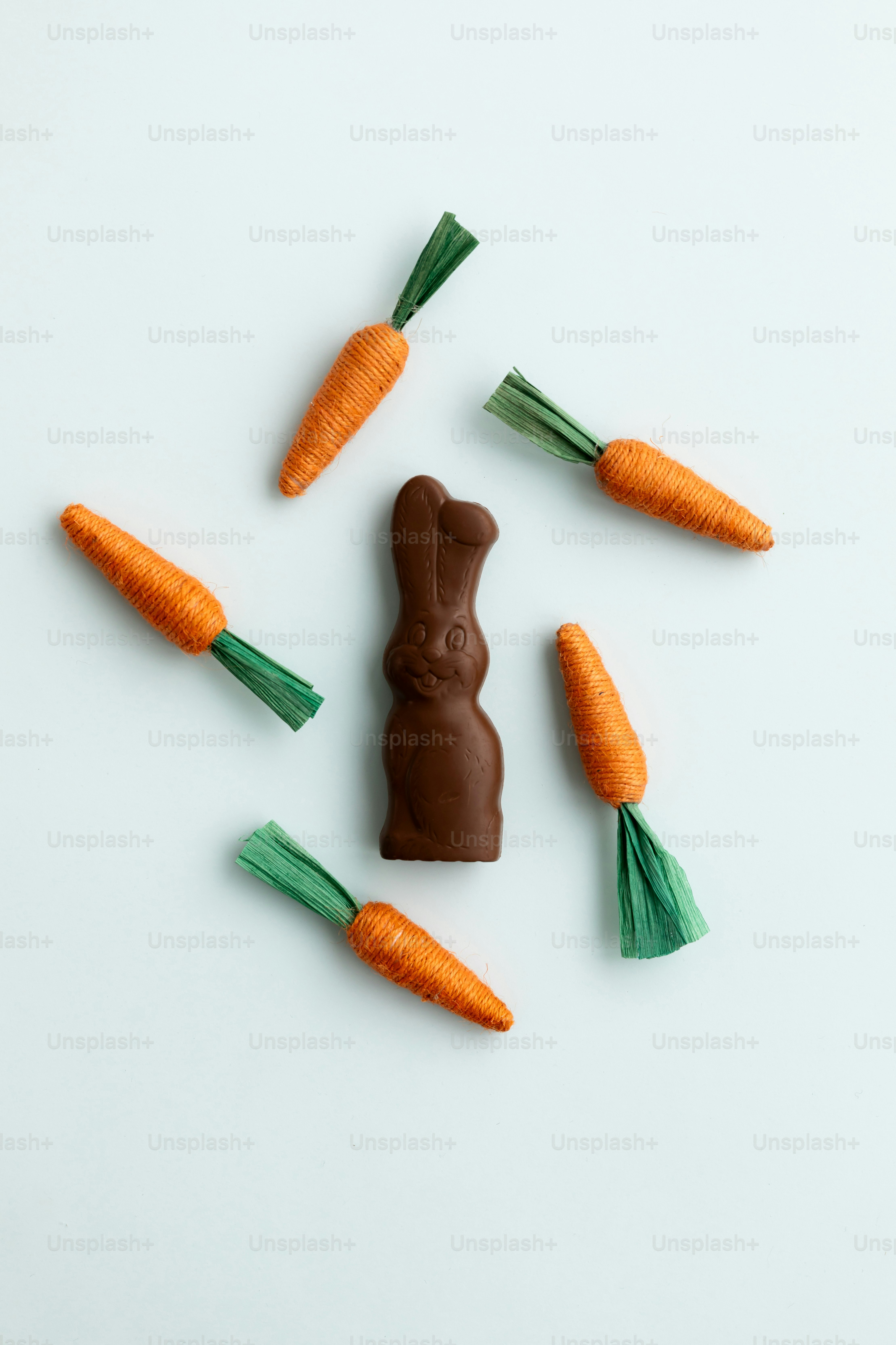 Chocolate bunny surrounded by small decorative carrots