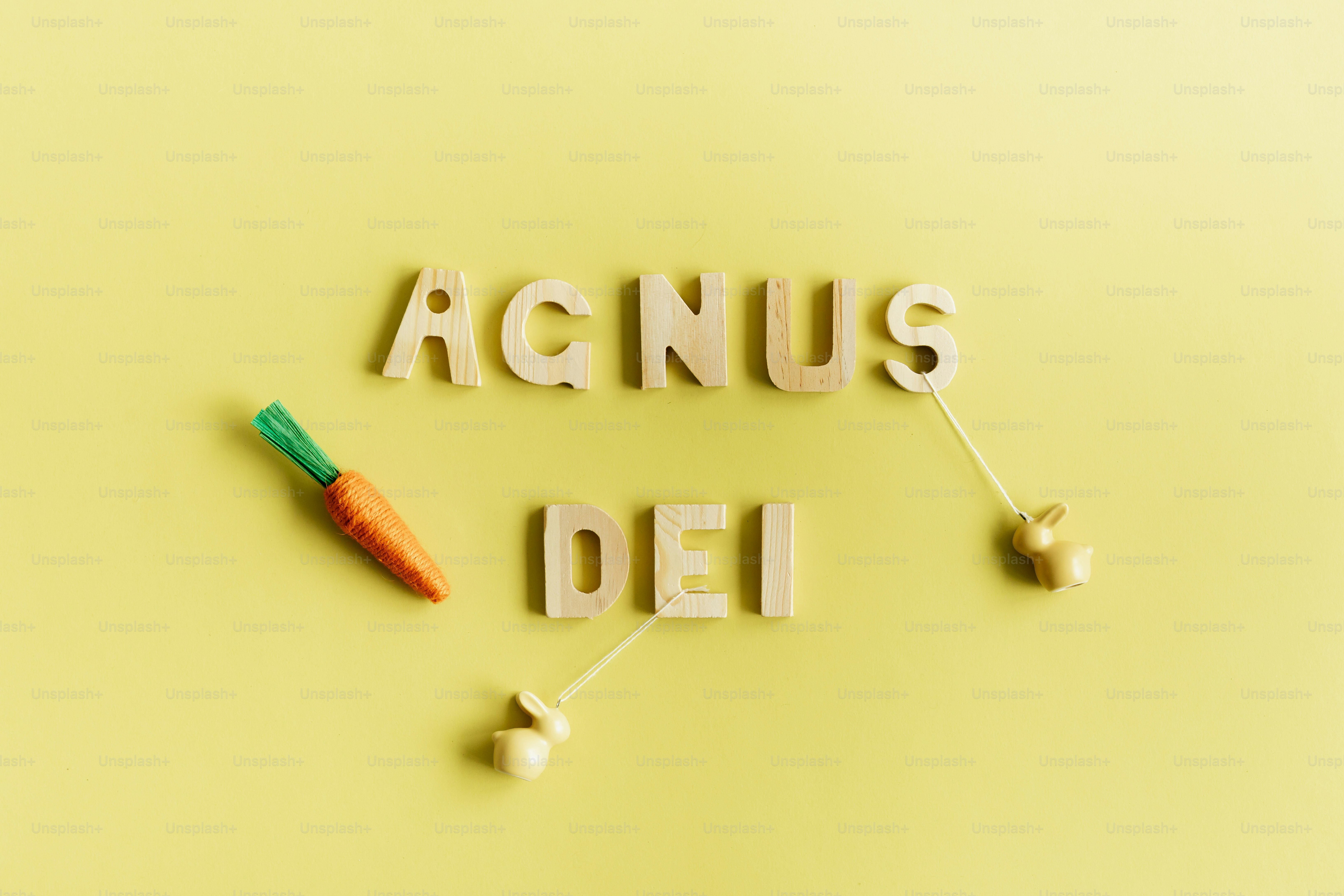 Wooden letters spell agnus dei with carrot and beads
