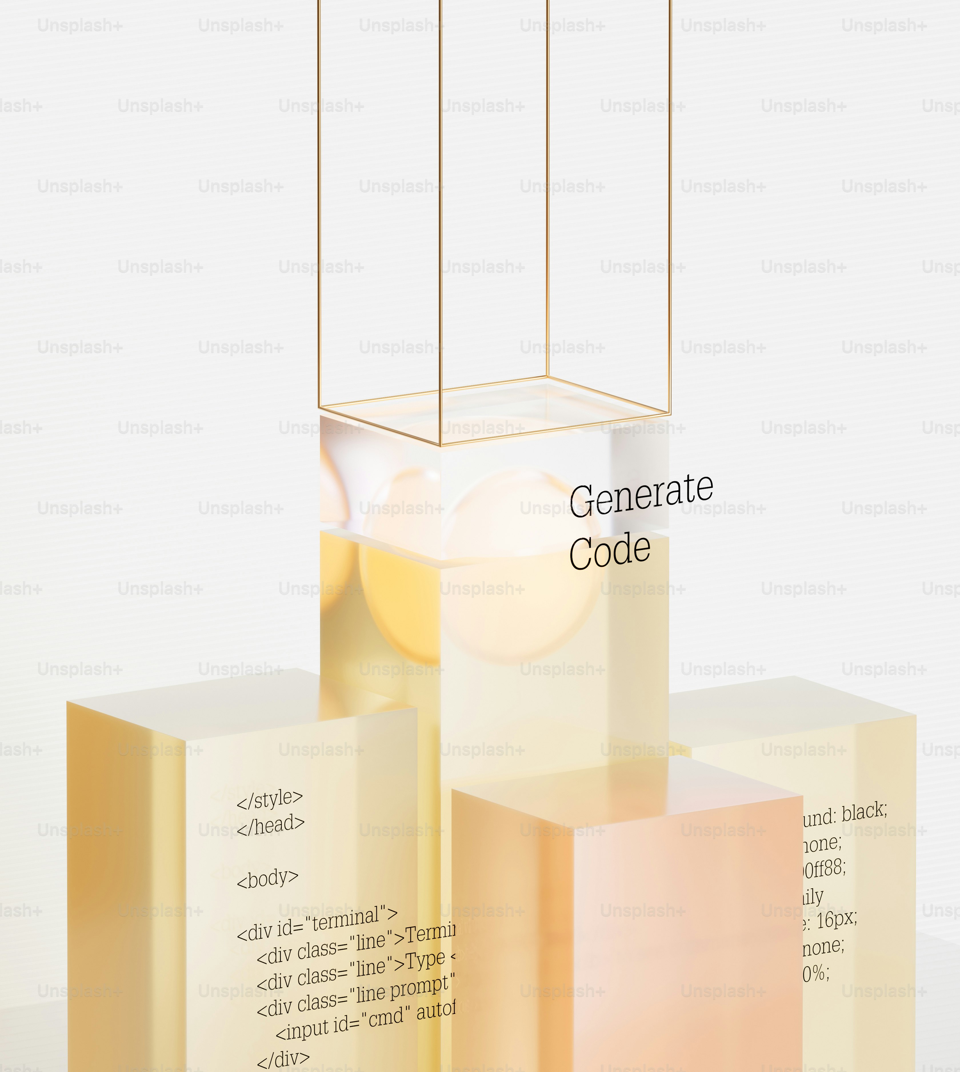 Abstract blocks with code and text elements on white background