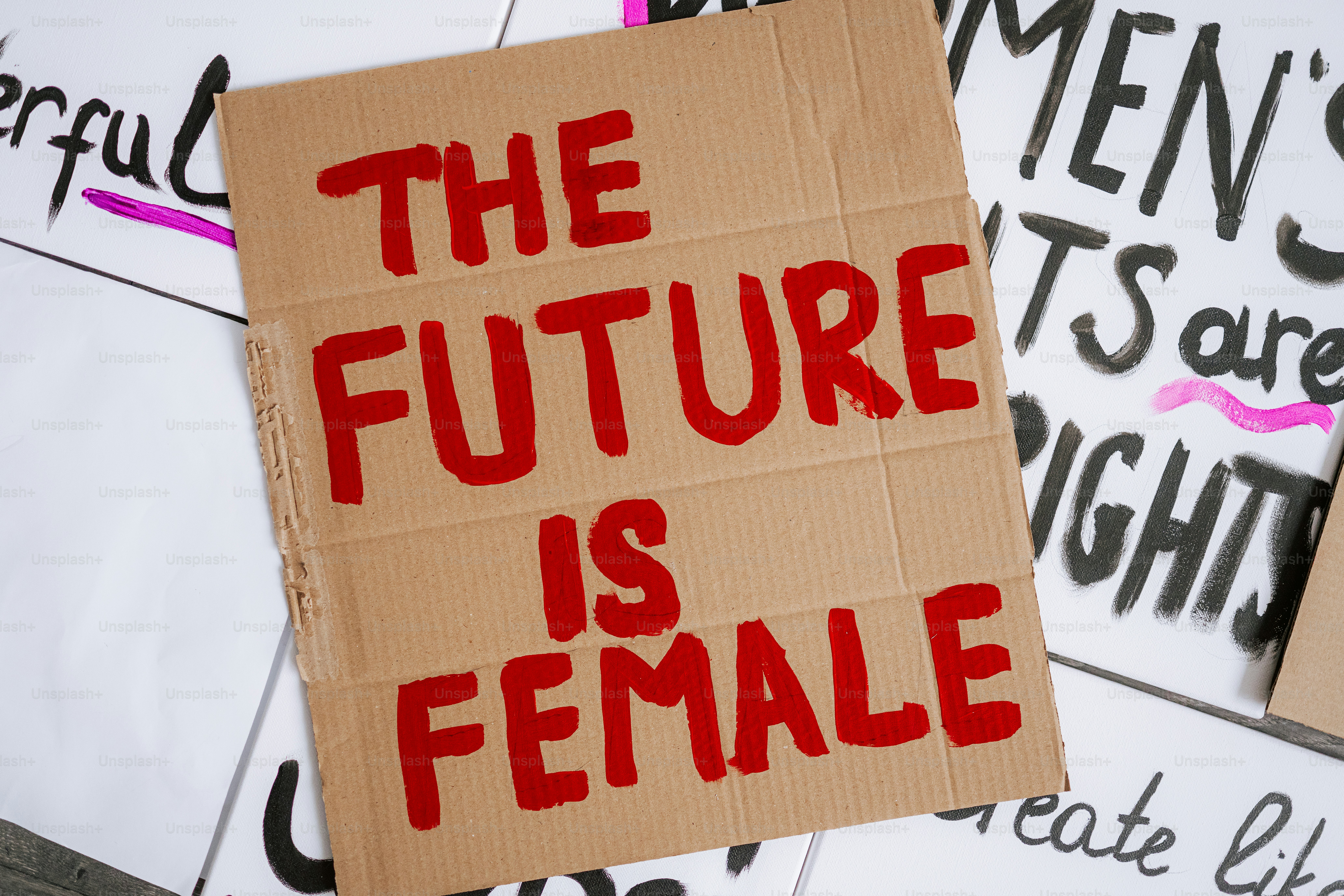 Cardboard sign reads the future is female.
