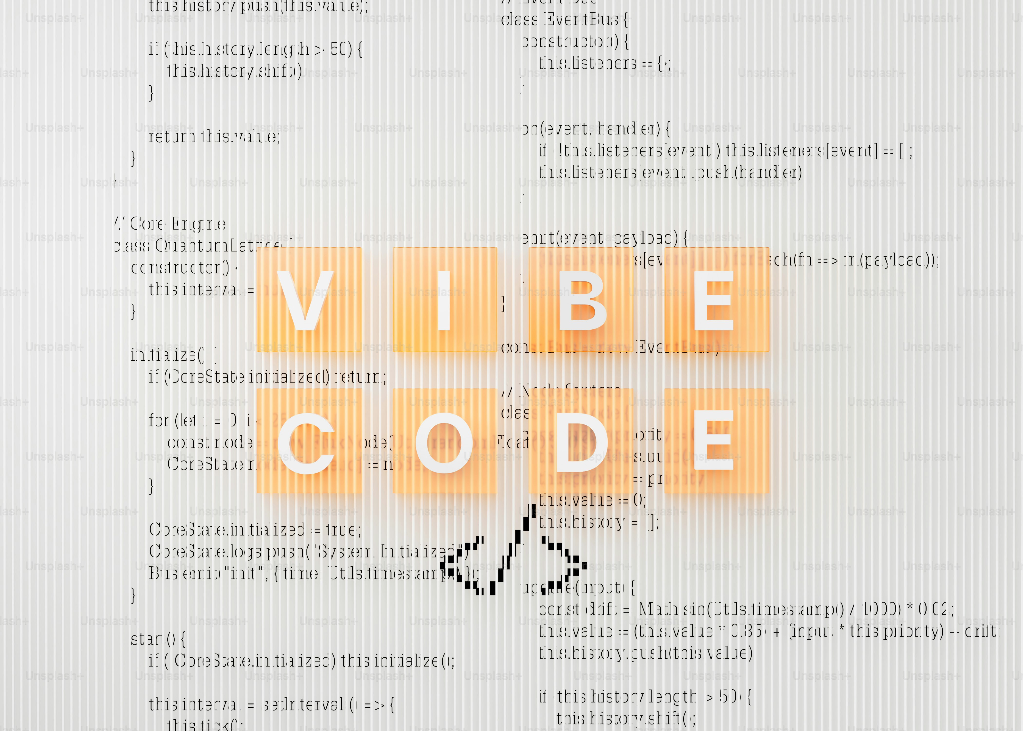 Vibe code spelled out with tiles on code background