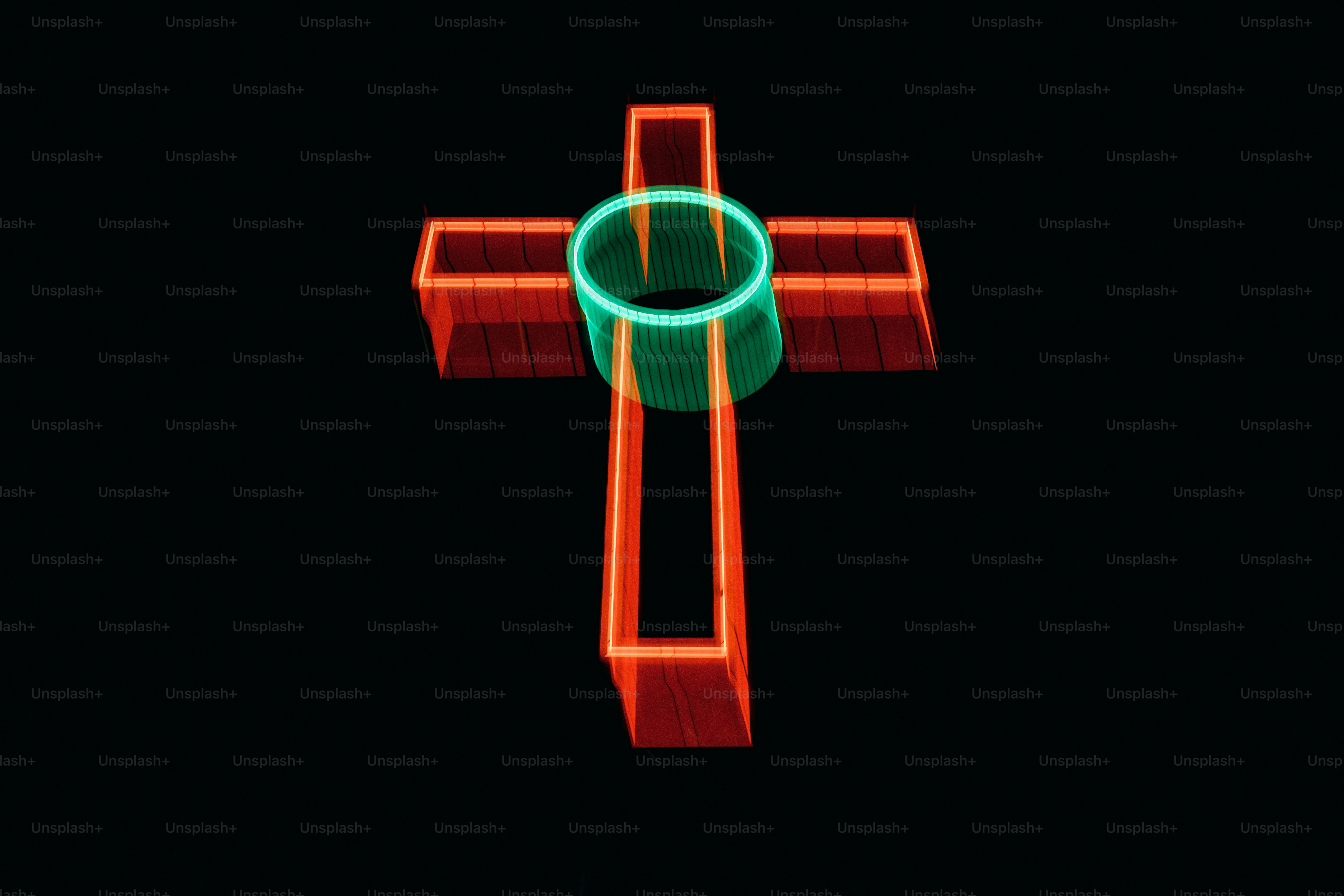 A neon cross with a green ring on black