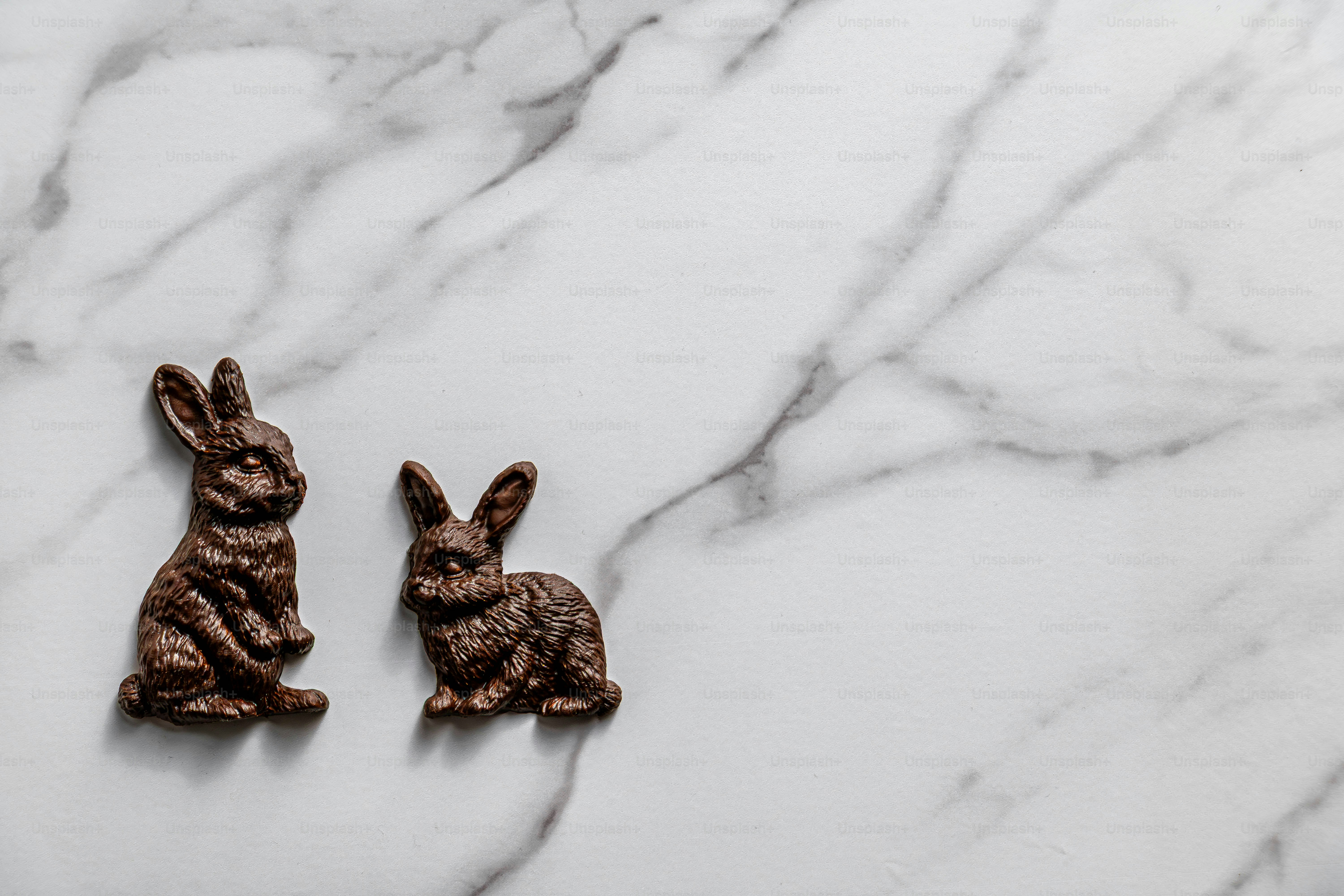Dos conejitos de chocolate sobre una superficie de mármol
