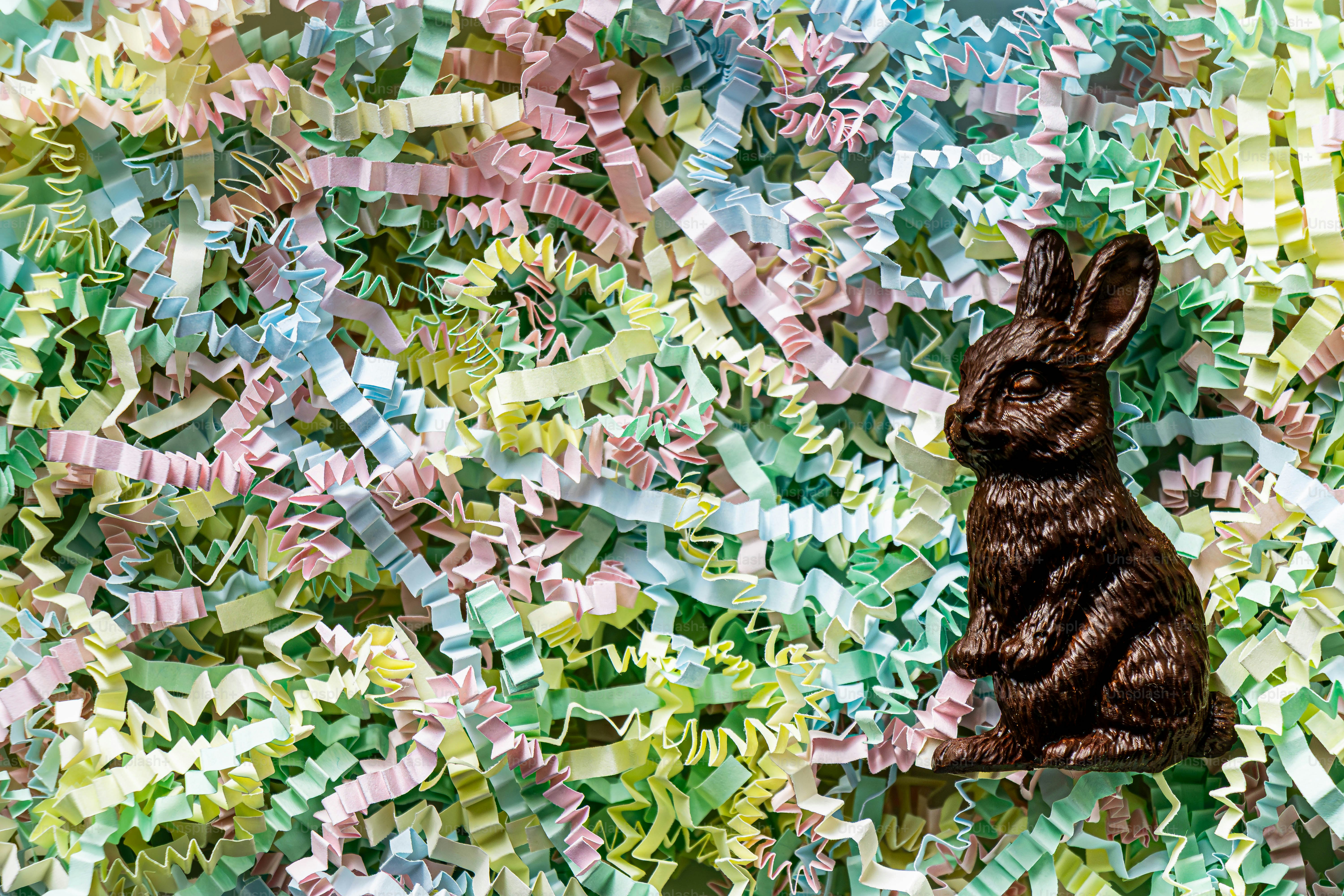 Un conejo de Pascua de chocolate negro está sobre papel triturado en tonos pastel.