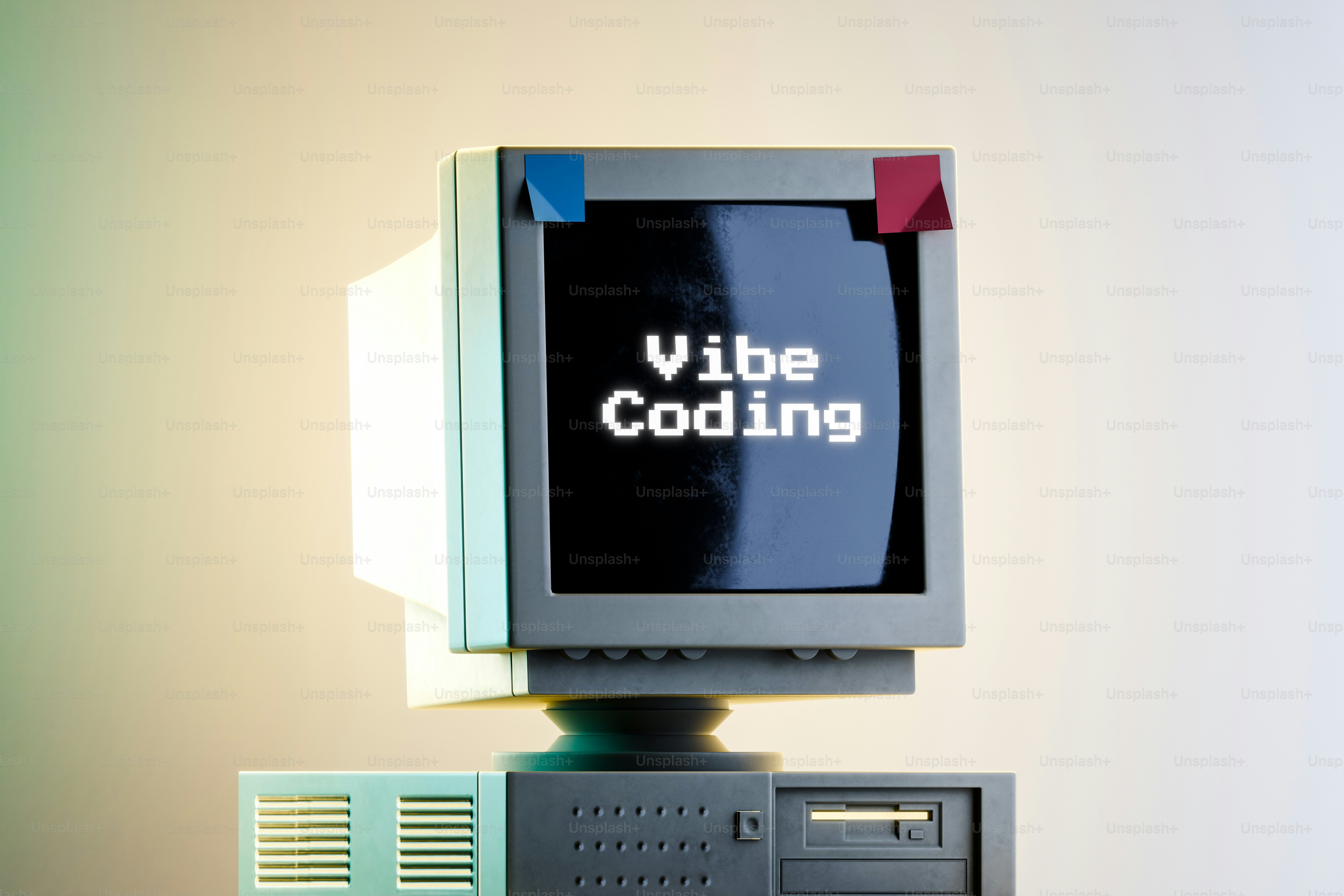 Un écran d’ordinateur vintage affiche du texte en « vibe coding ».