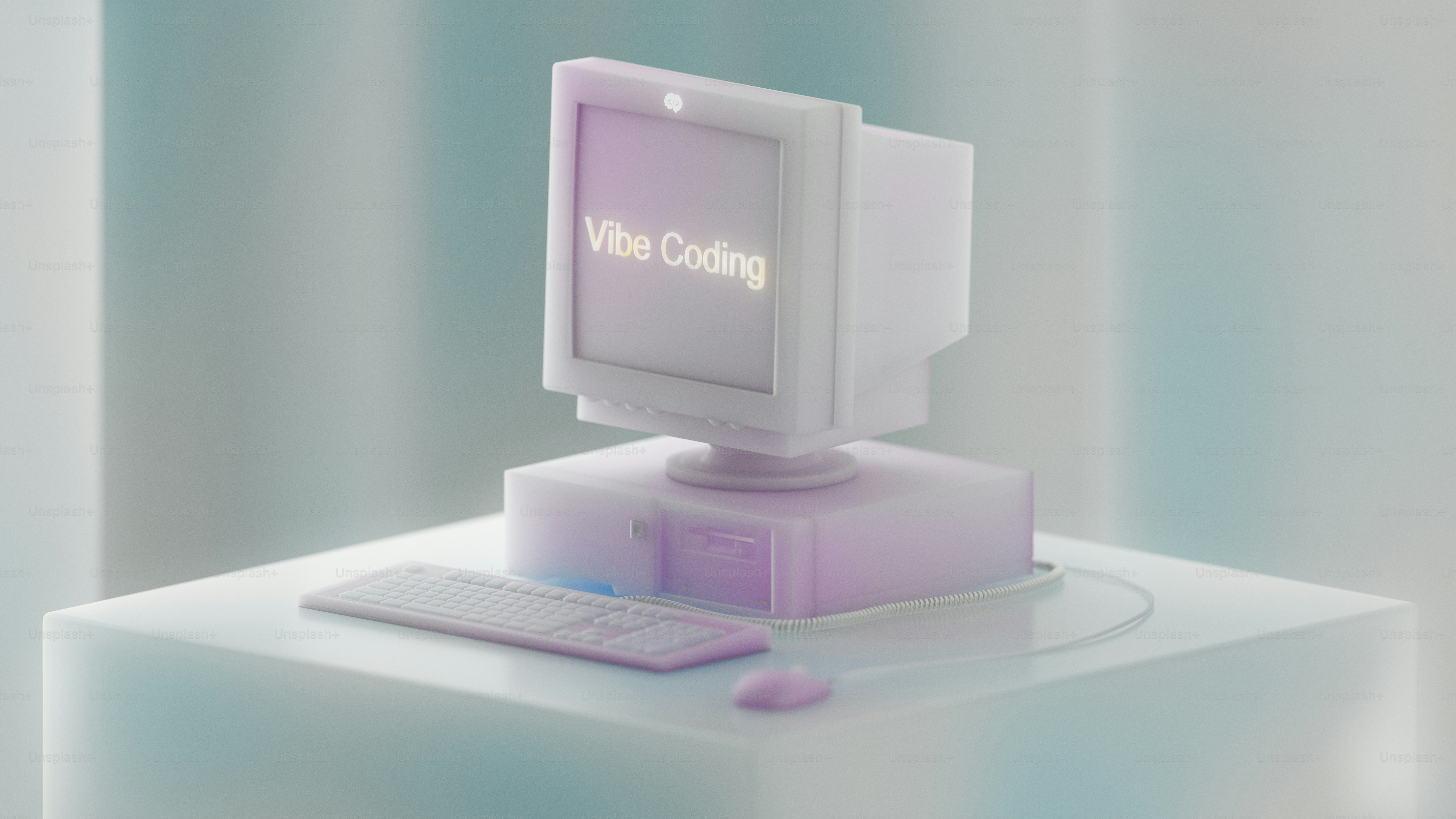 Retro-Computer mit "Vibe Coding" auf dem Bildschirm.