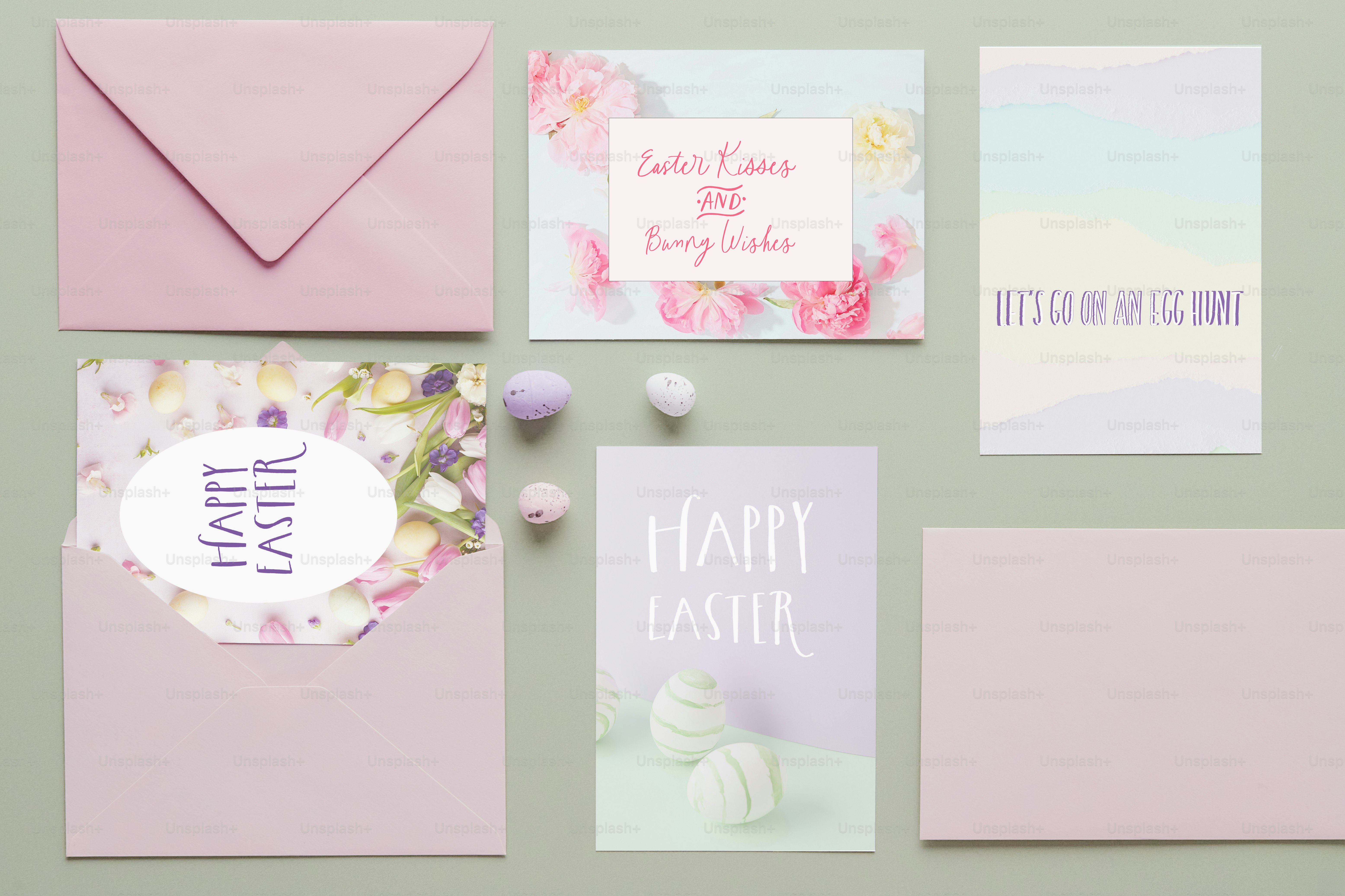 Easter cards and envelopes with pastel colors.