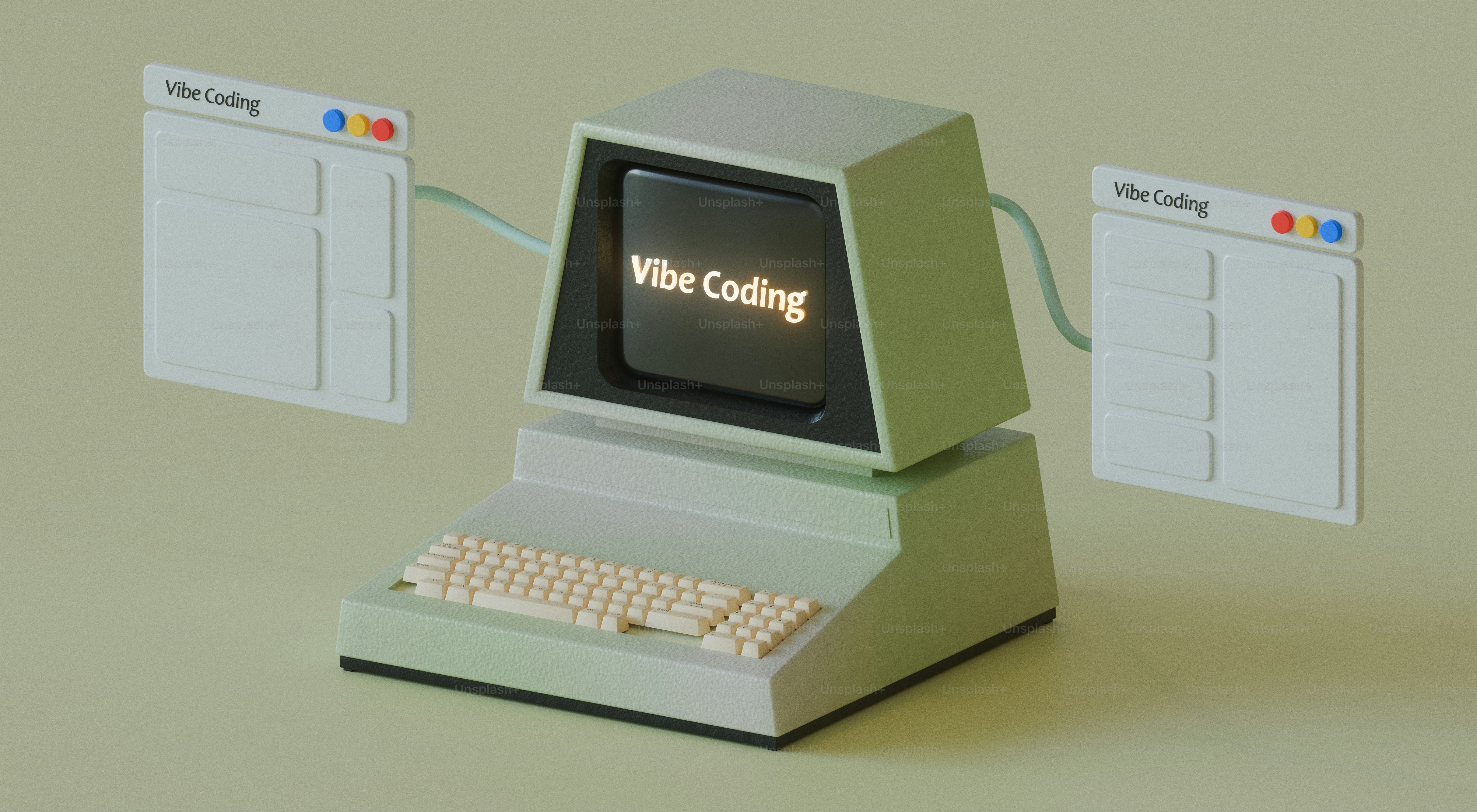 Retro computer with "vibe coding" on screen