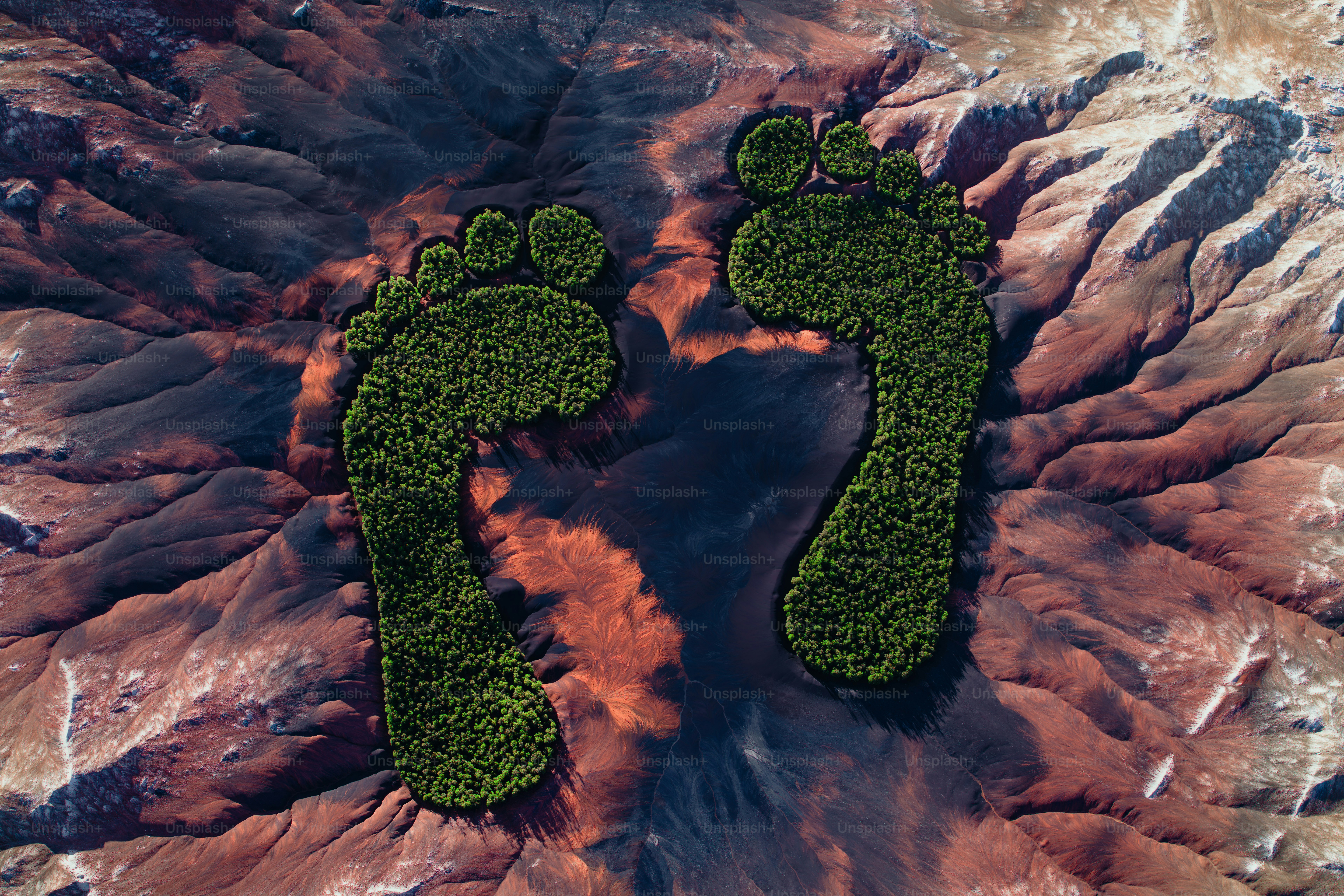 Cinematic 3D render of a dense forest shaped like human footprints in a mountain valley.