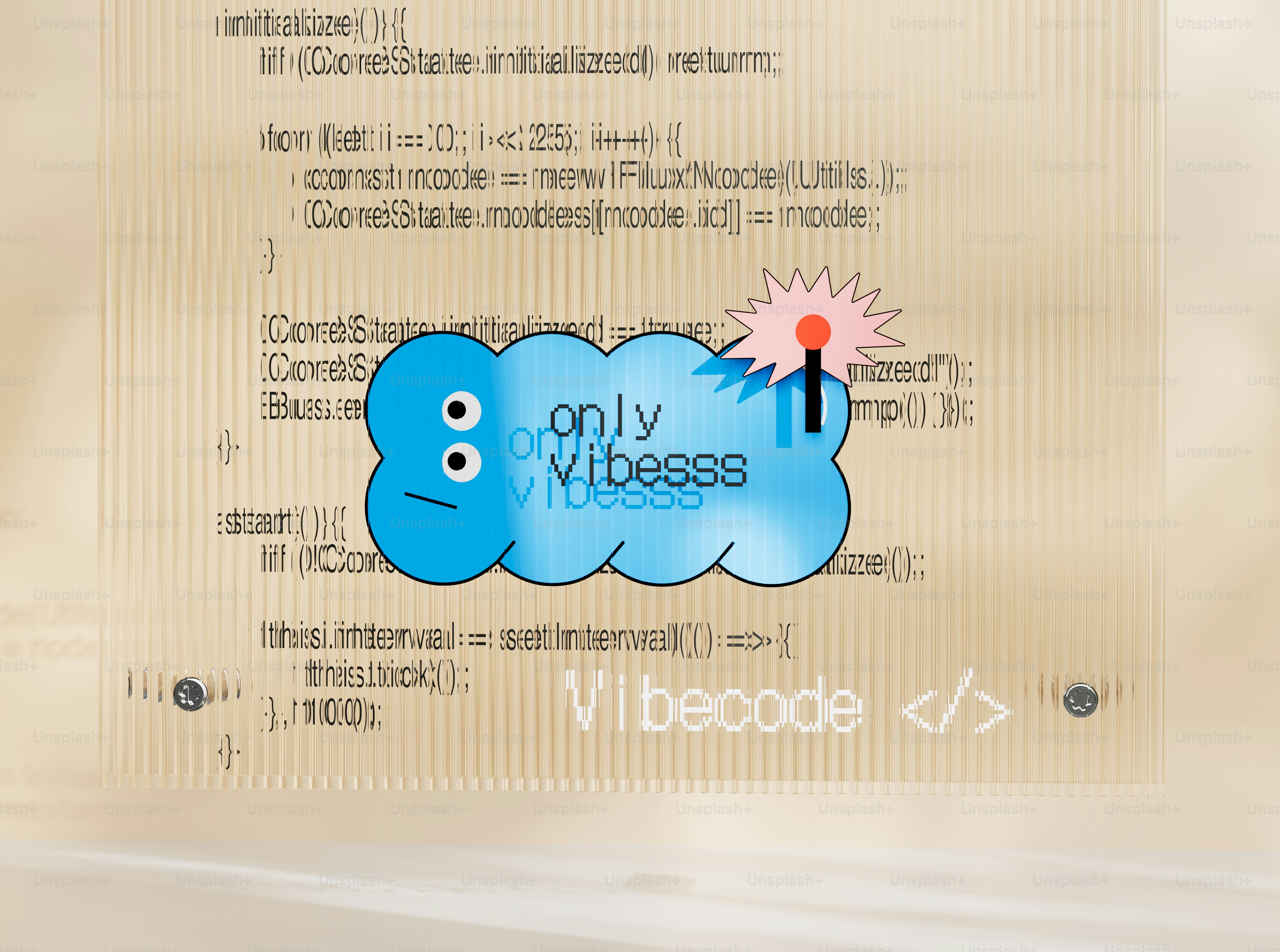 Blue cloud with eyes and text on code background