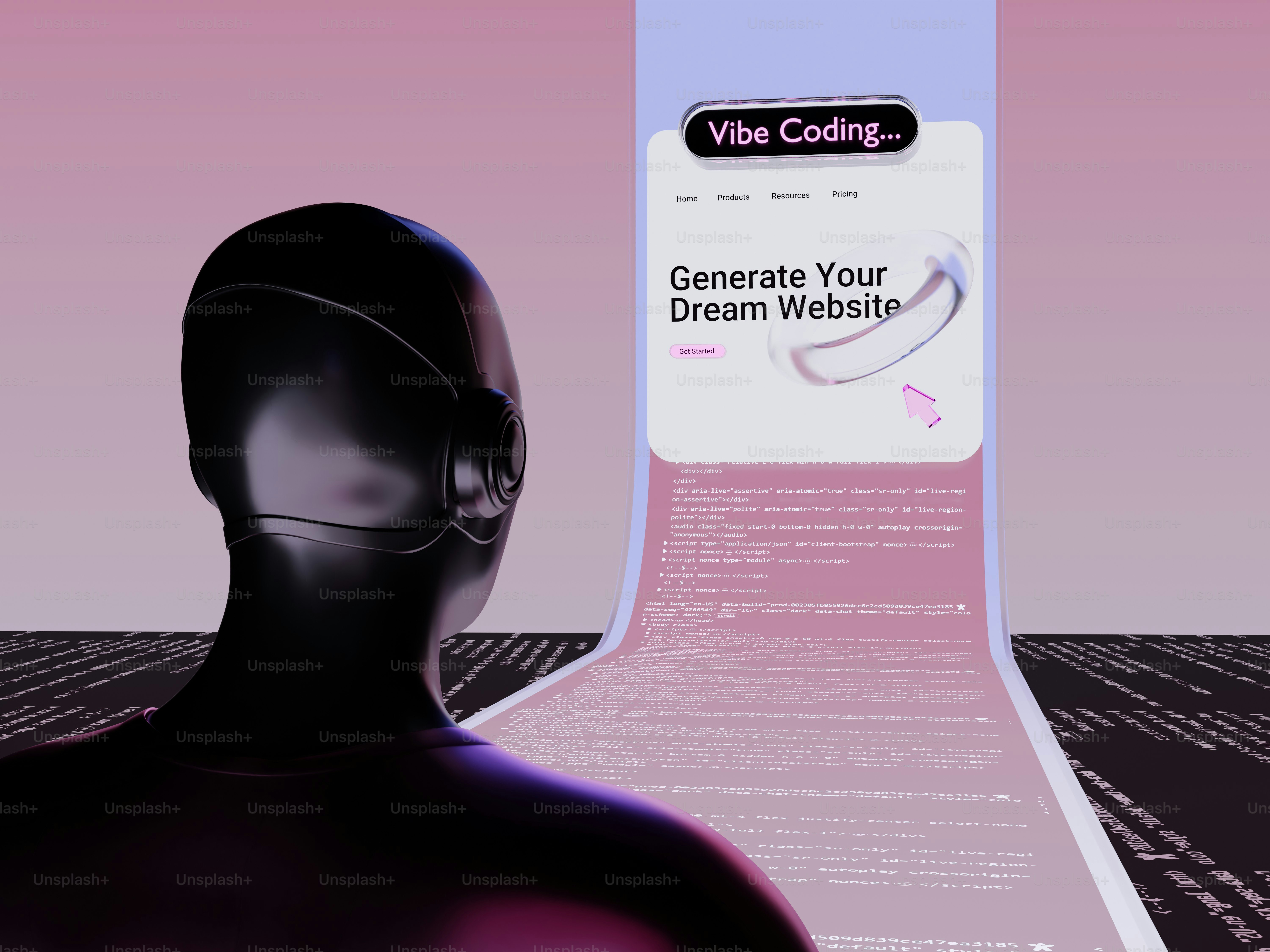 Roboter betrachtet eine Website-Generierungsoberfläche