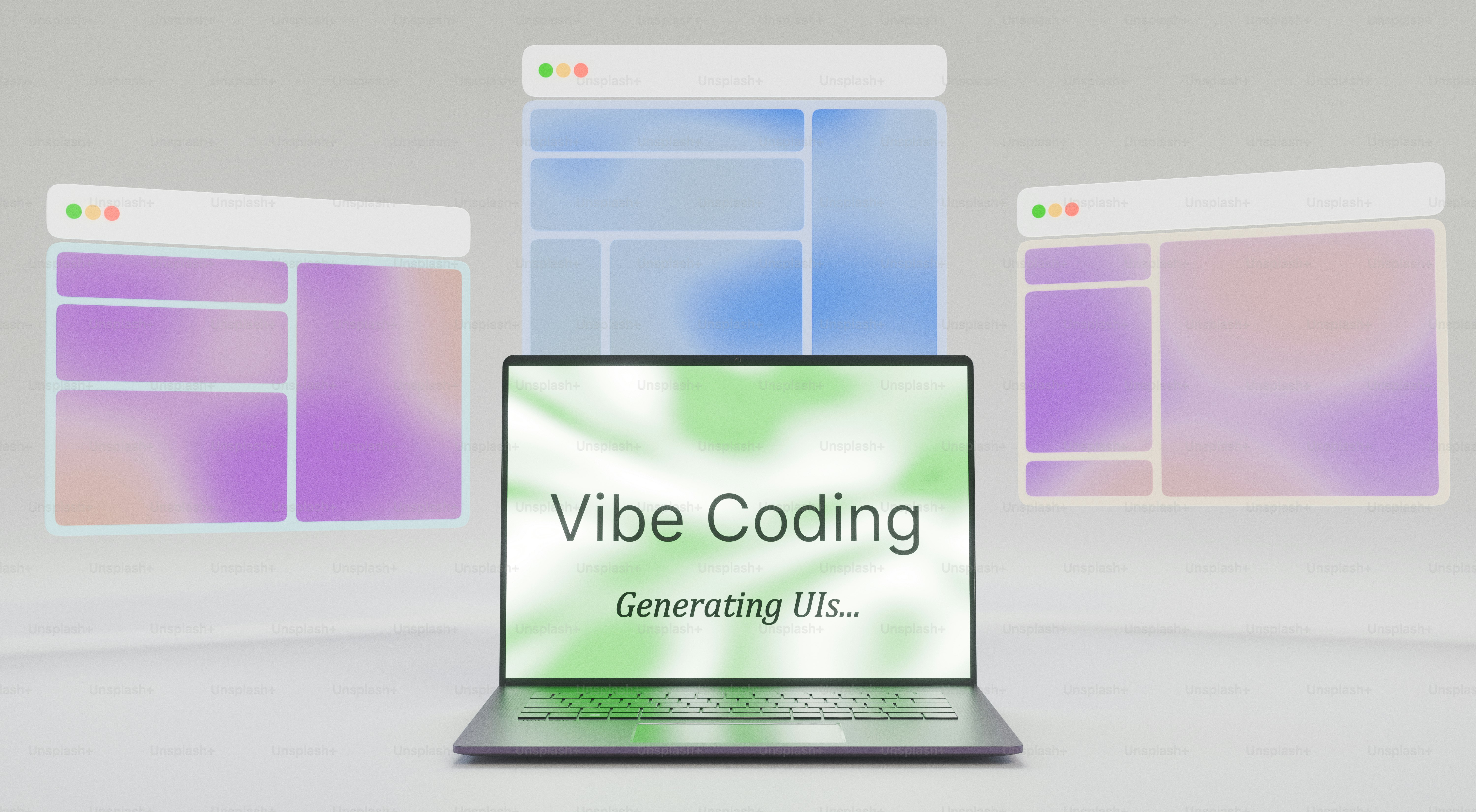 Laptop menampilkan "coding getaran" dengan jendela abstrak.