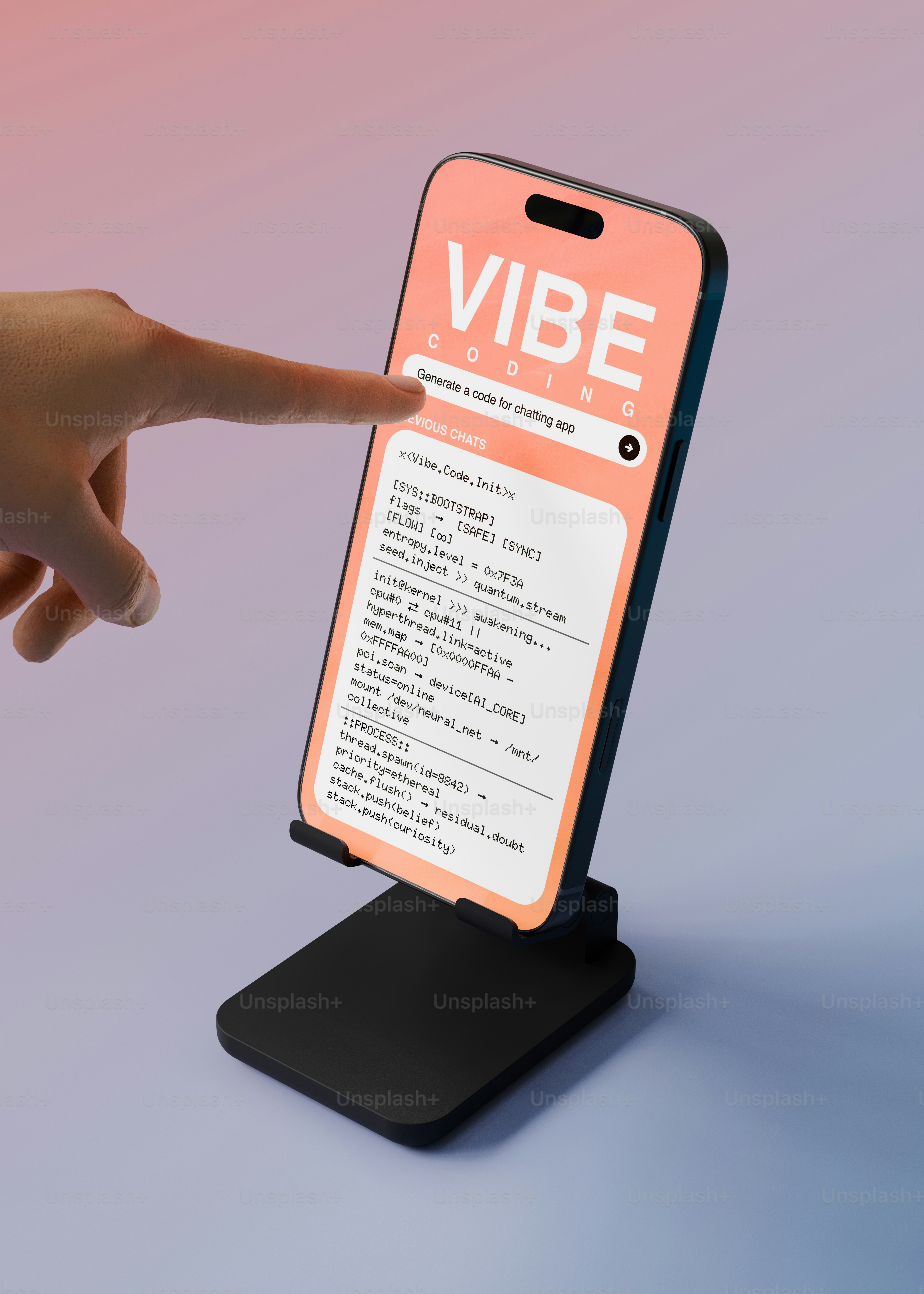 Finger touching a smartphone displaying coding text.