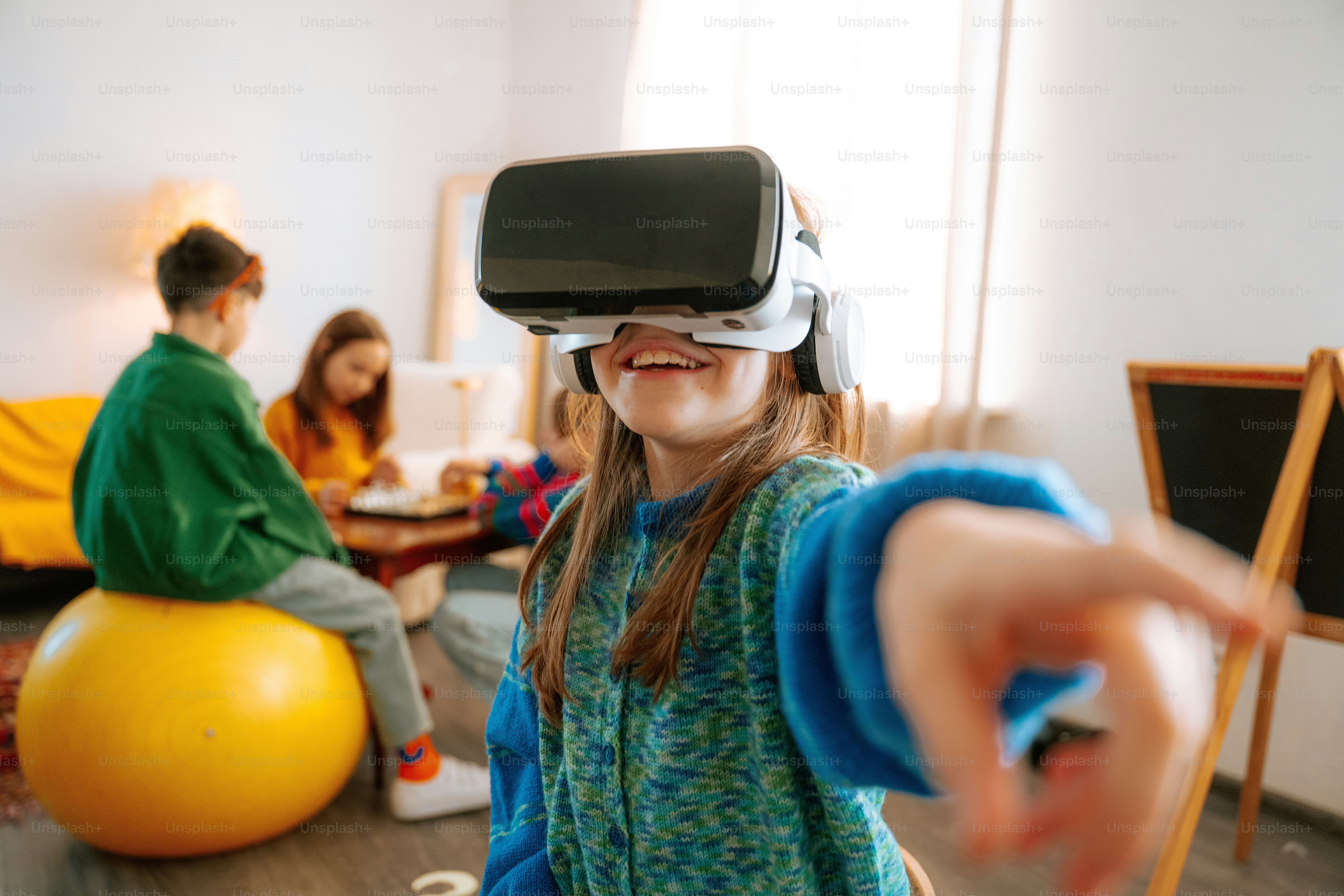 Girl wearing vr headset, reaching towards camera.