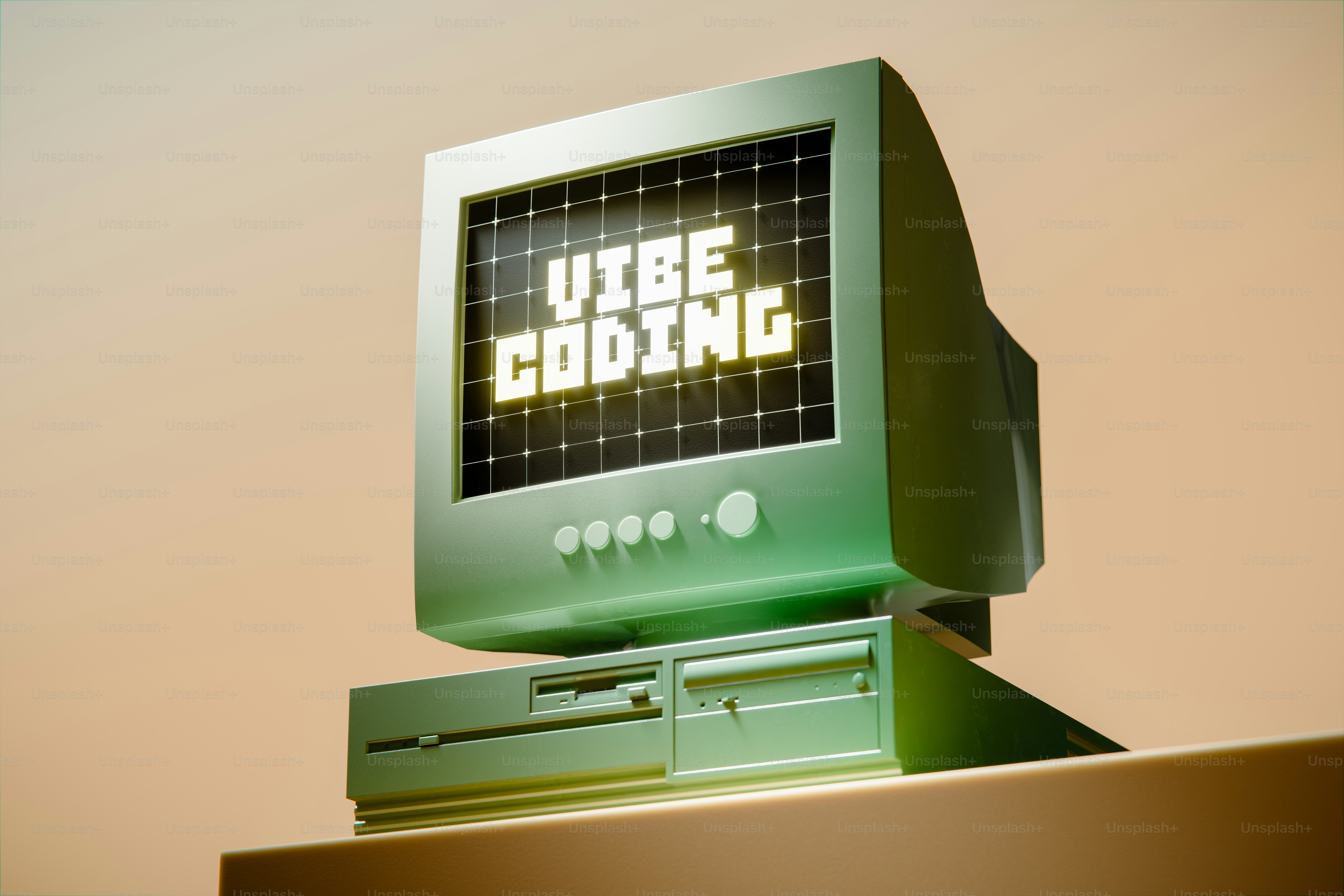 Minimalist 3D render of a CRT monitor and an old computer displaying “Vibe Coding”.