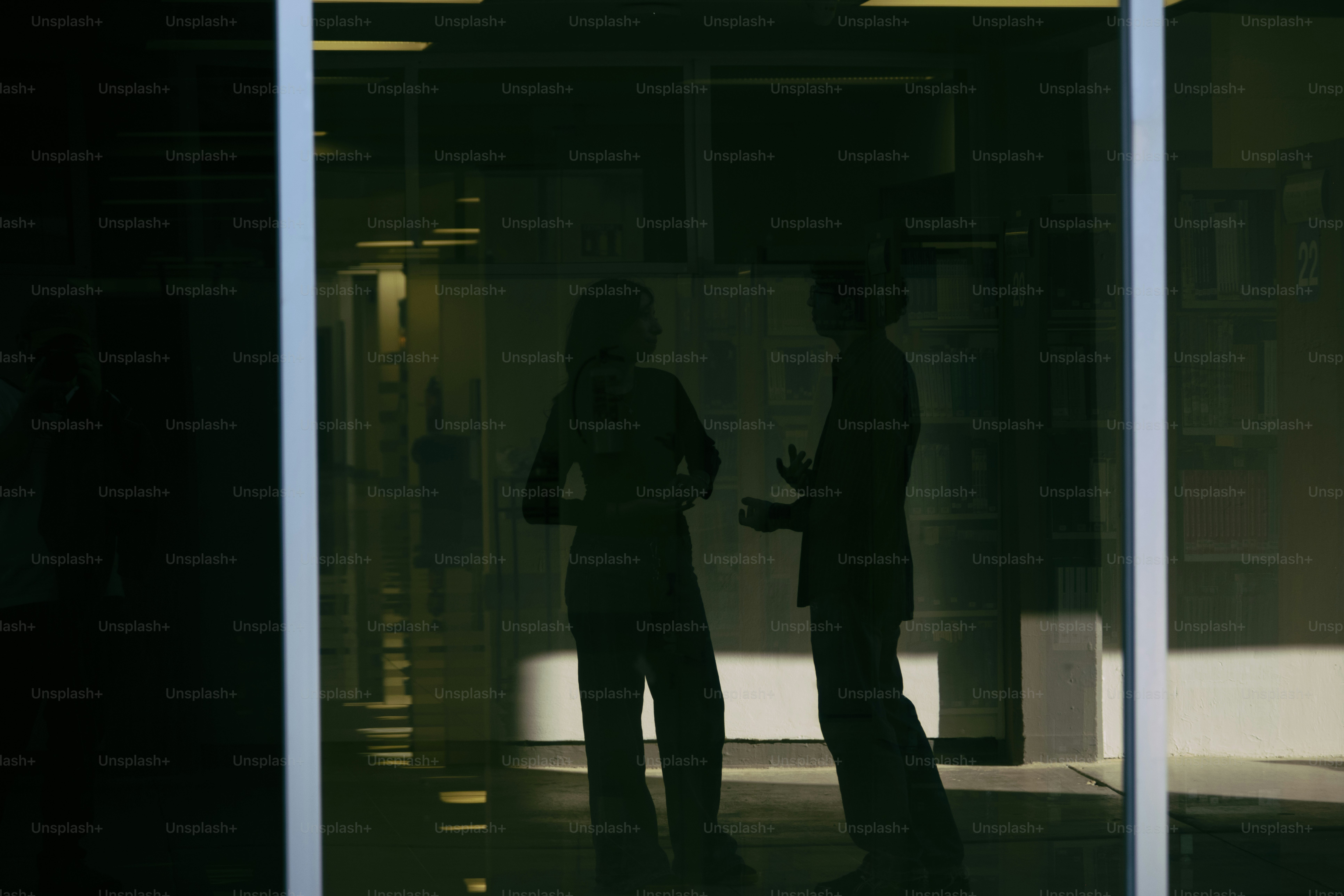 Two silhouetted figures stand talking inside a building.