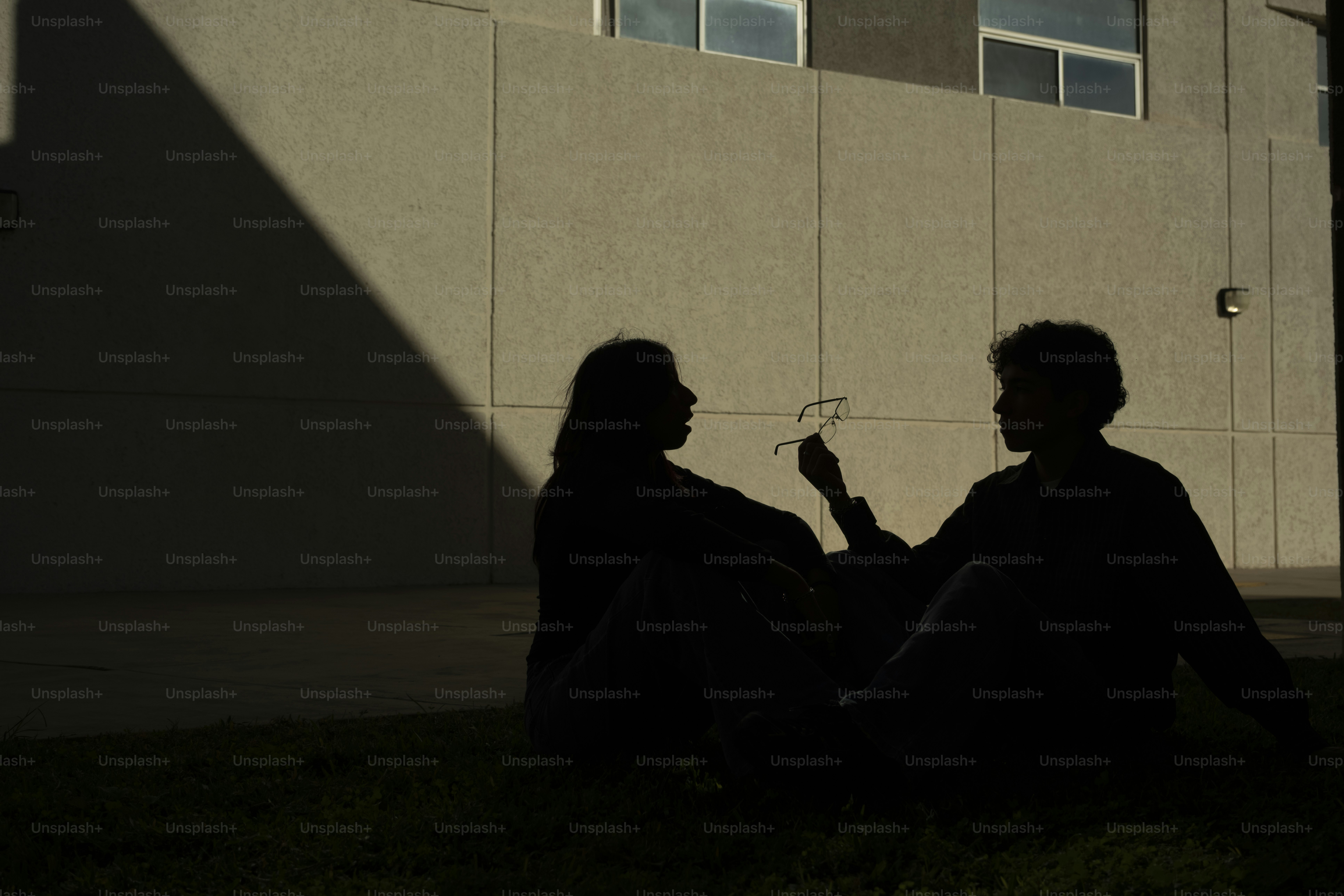 Two silhouettes talking in dappled sunlight