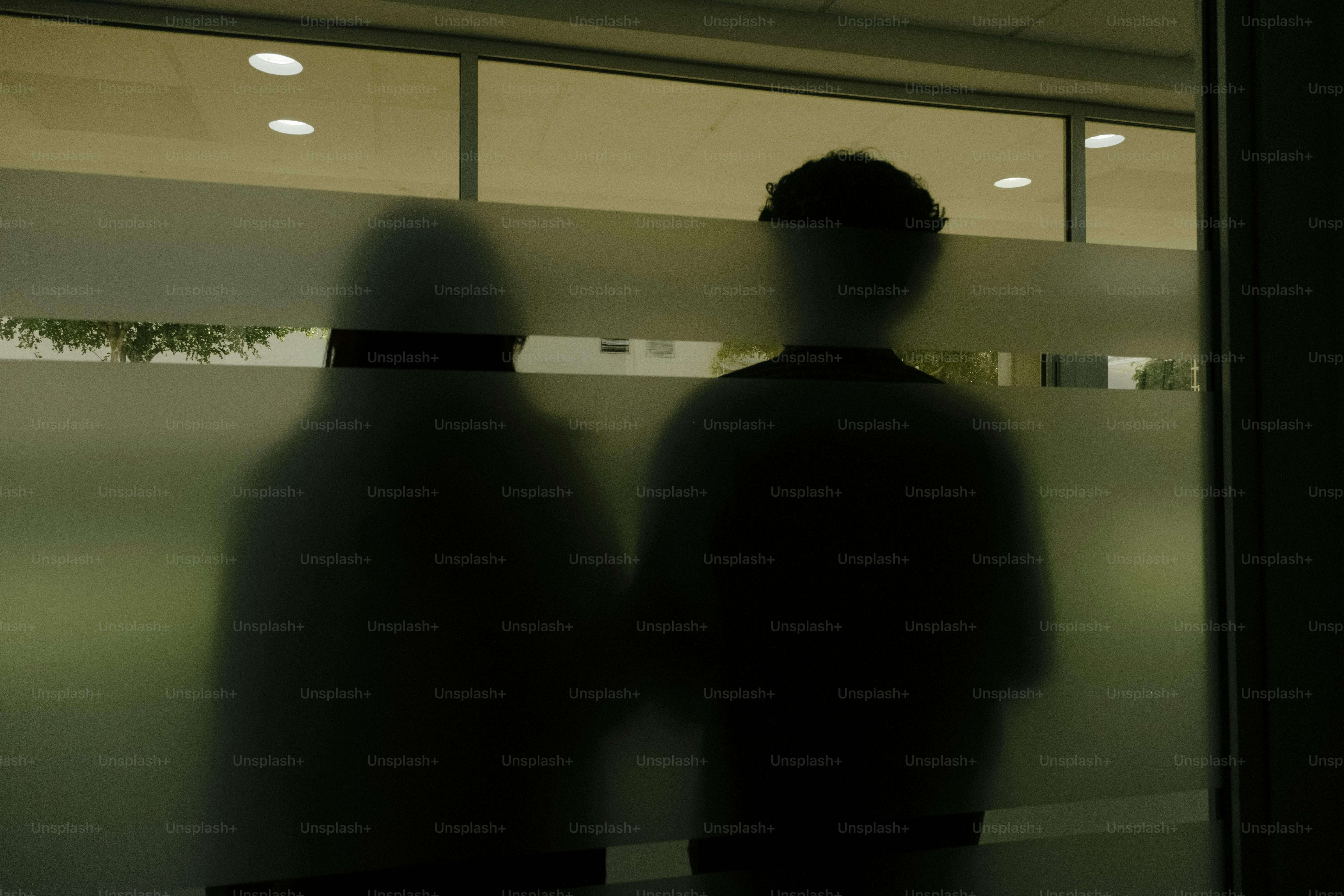 Two silhouetted figures stand behind frosted glass.