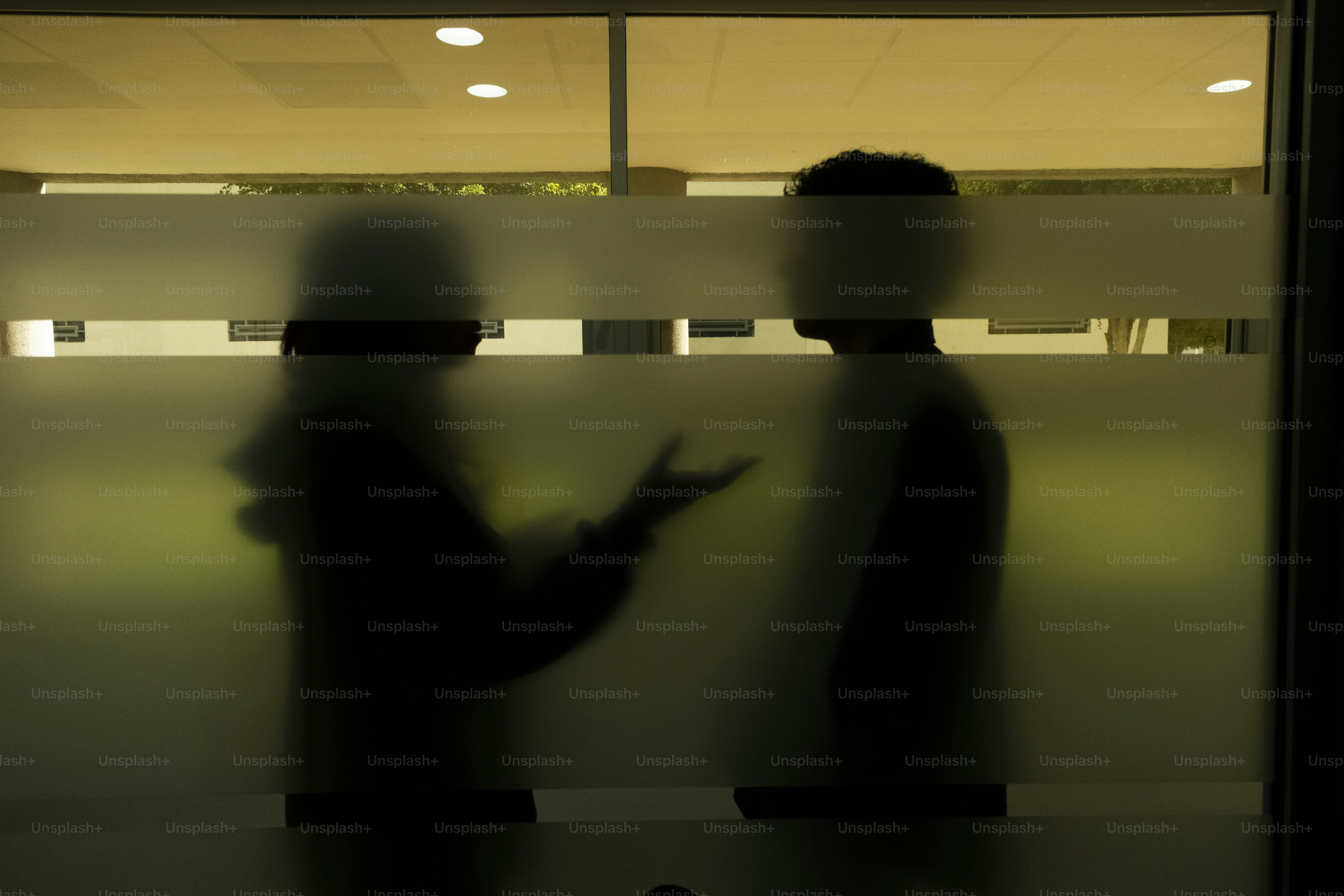 Silhouettes of two people talking through frosted glass.