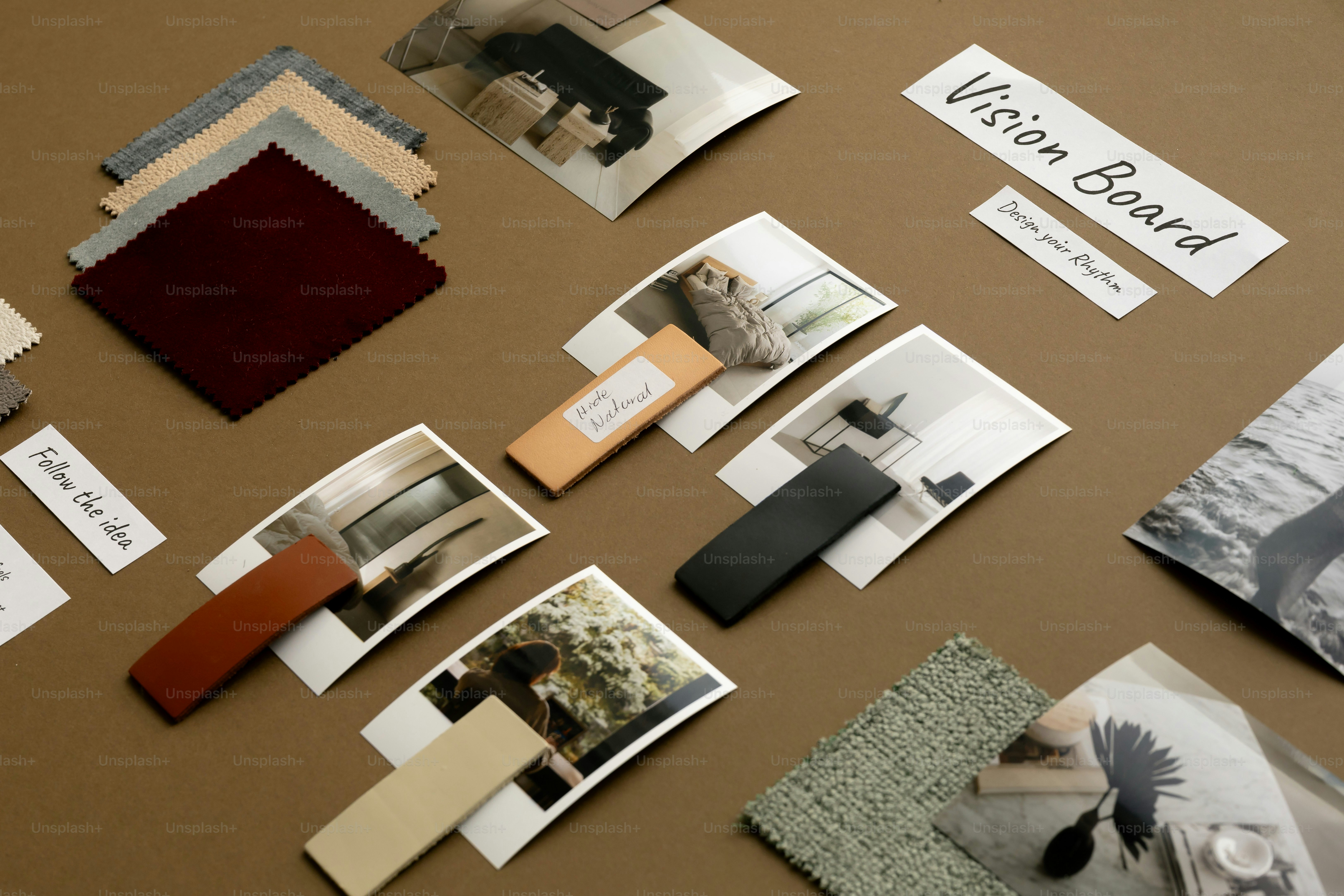 Vision board with fabric swatches and inspirational images.
