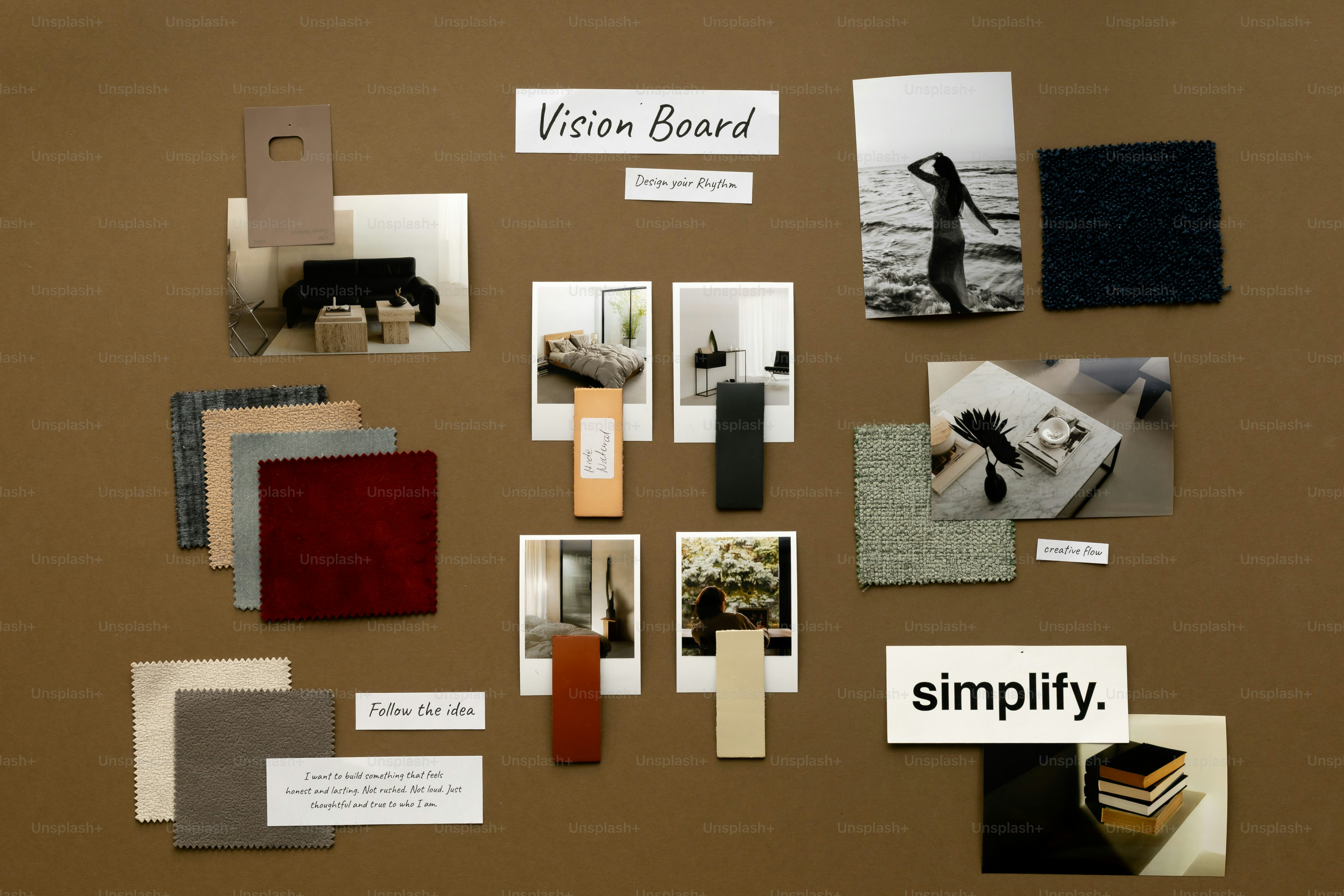 Vision board with inspirational images and fabric samples.