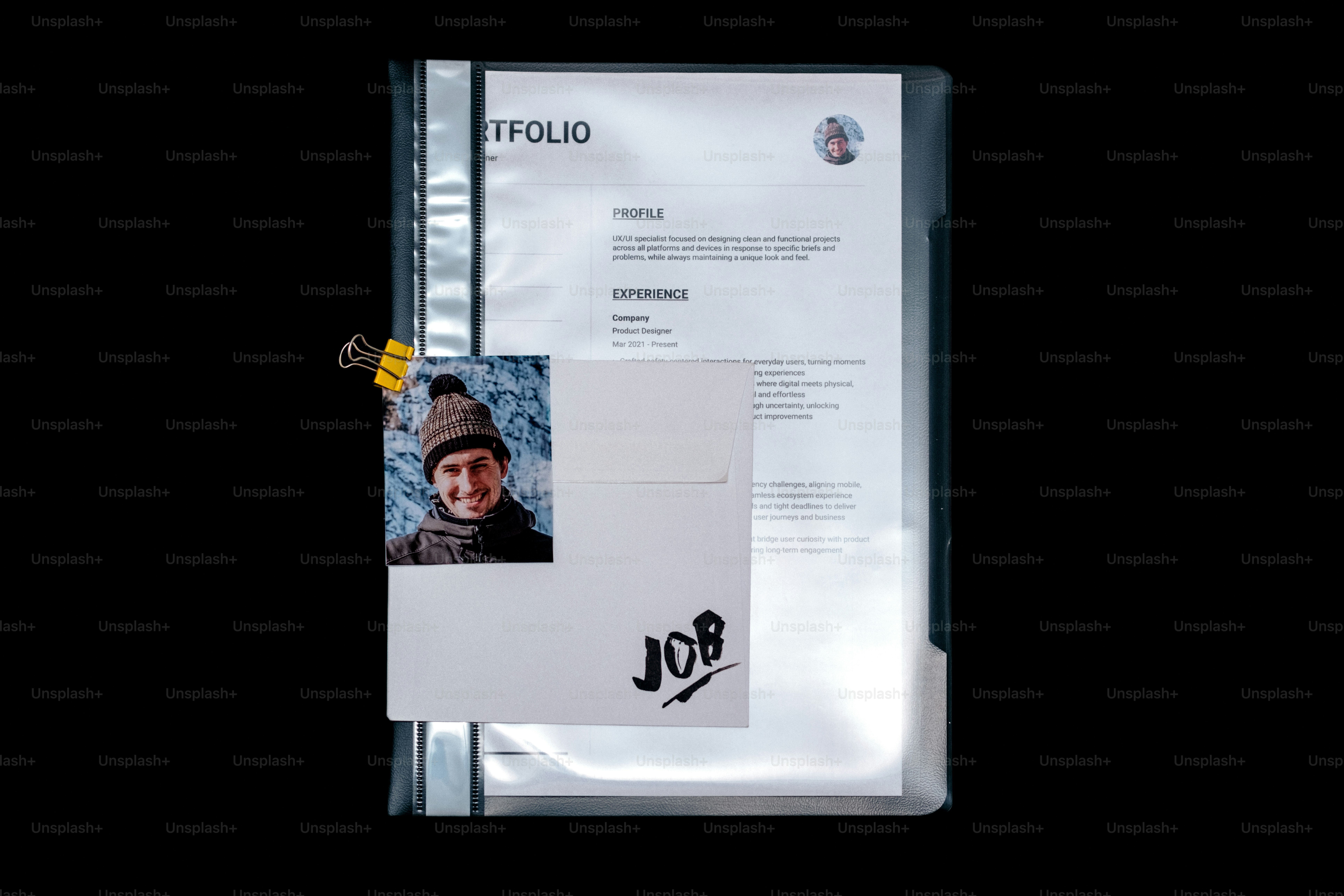 Portofolio dengan foto dan kartu "pekerjaan"pekerjaan"