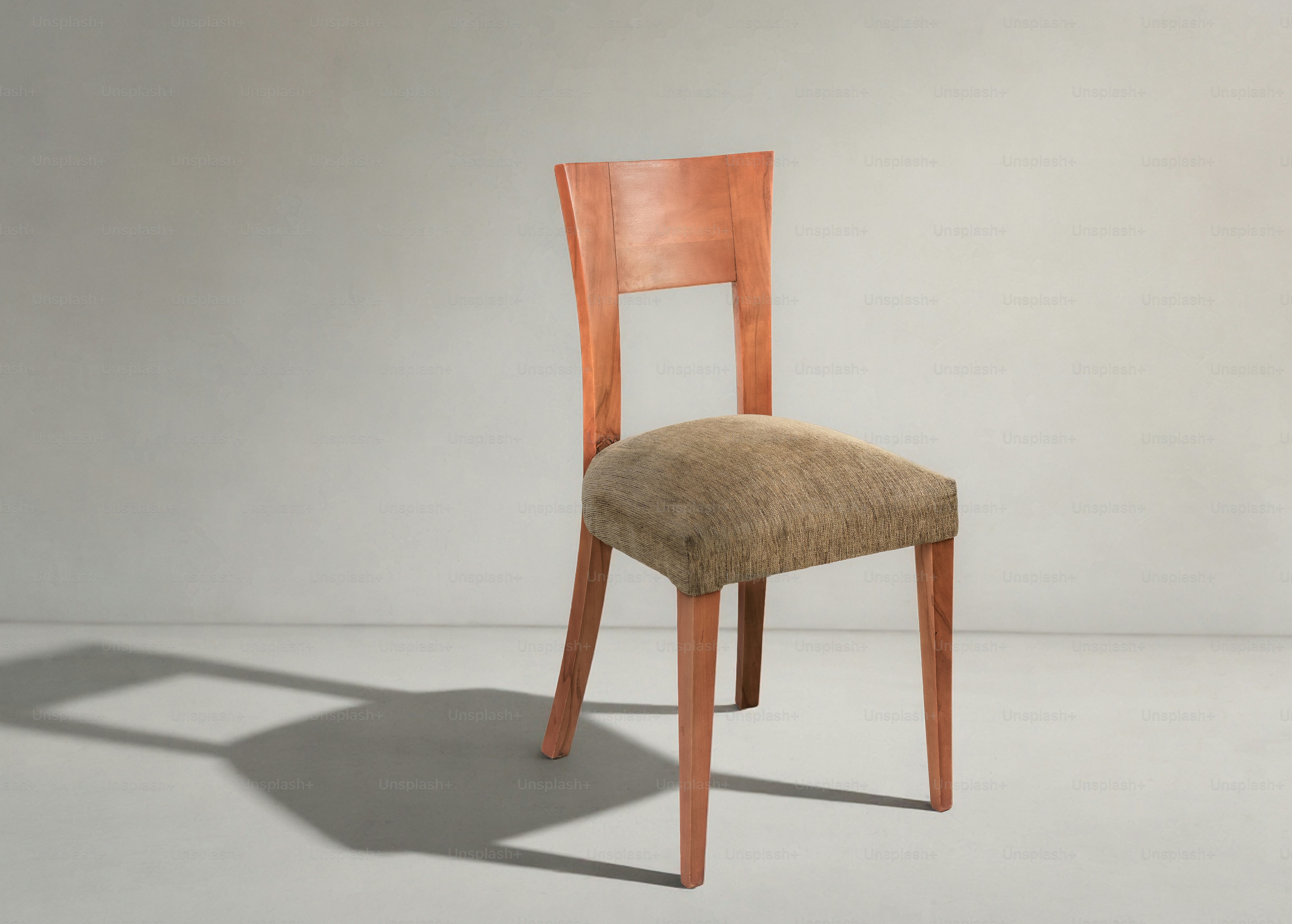 A wooden chair with a fabric seat