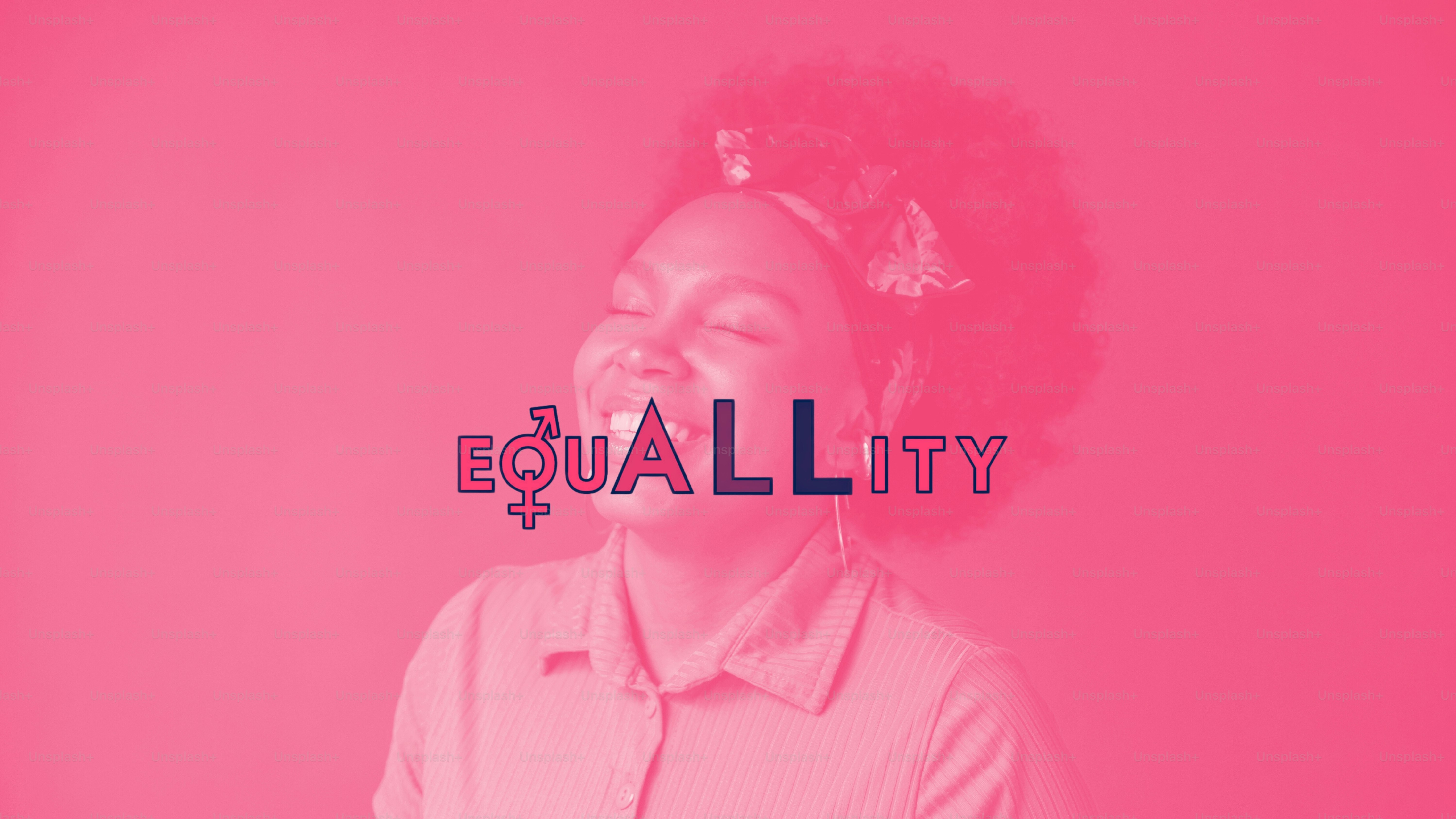 Young woman laughs with "equality" text