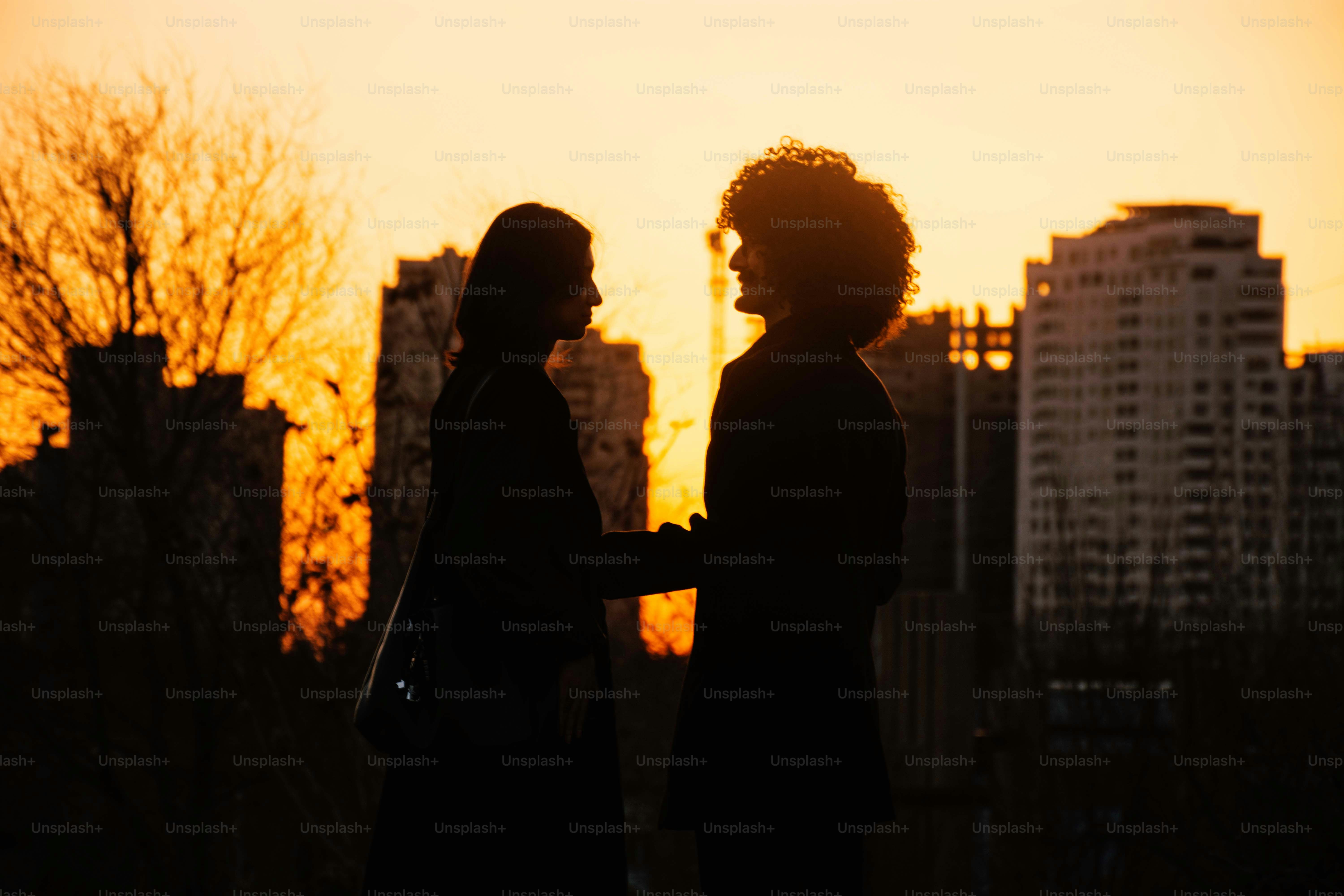 Dos personas recortadas contra un paisaje urbano al atardecer.