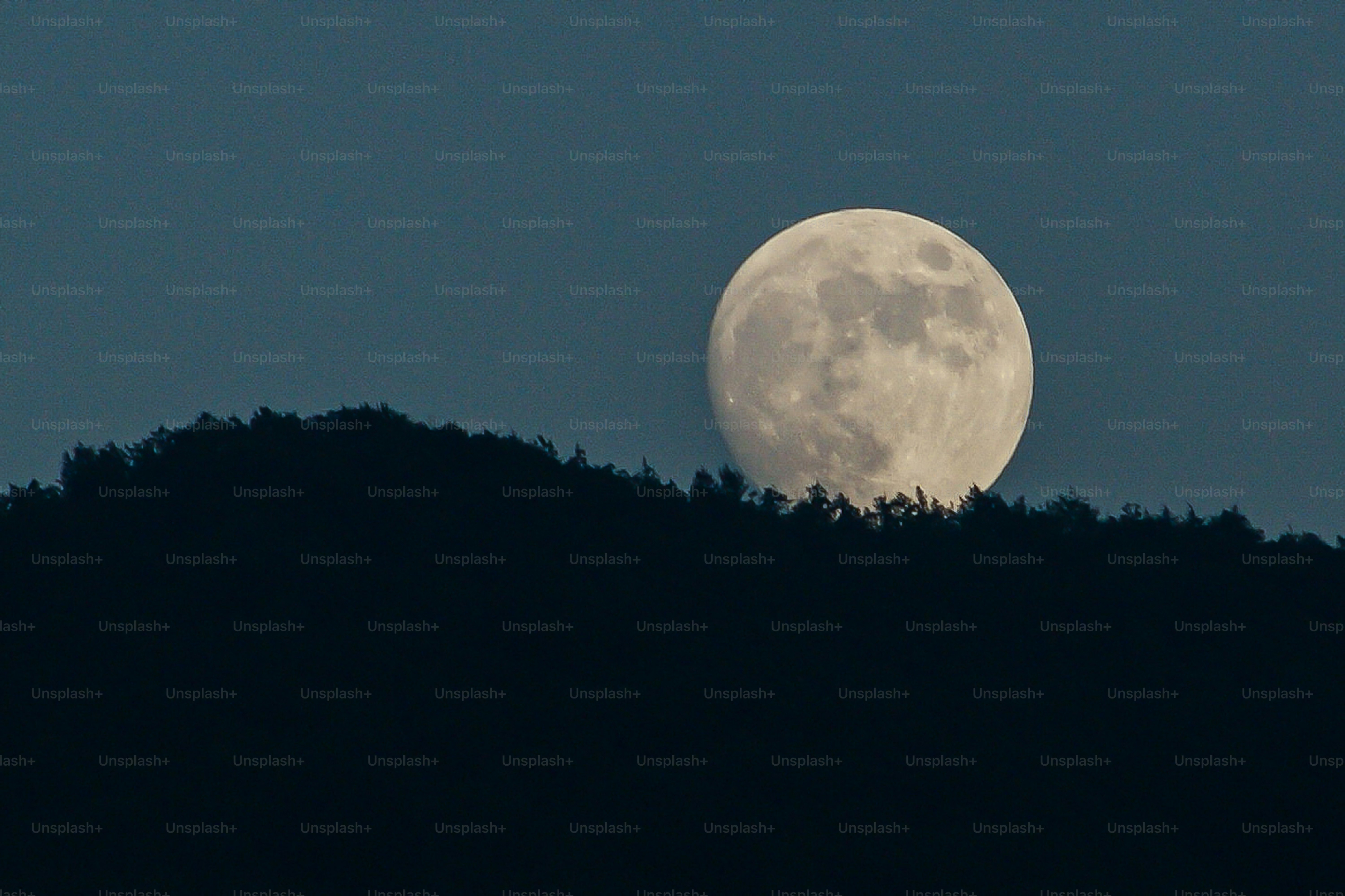 Full moon rising over a dark, forested hill.