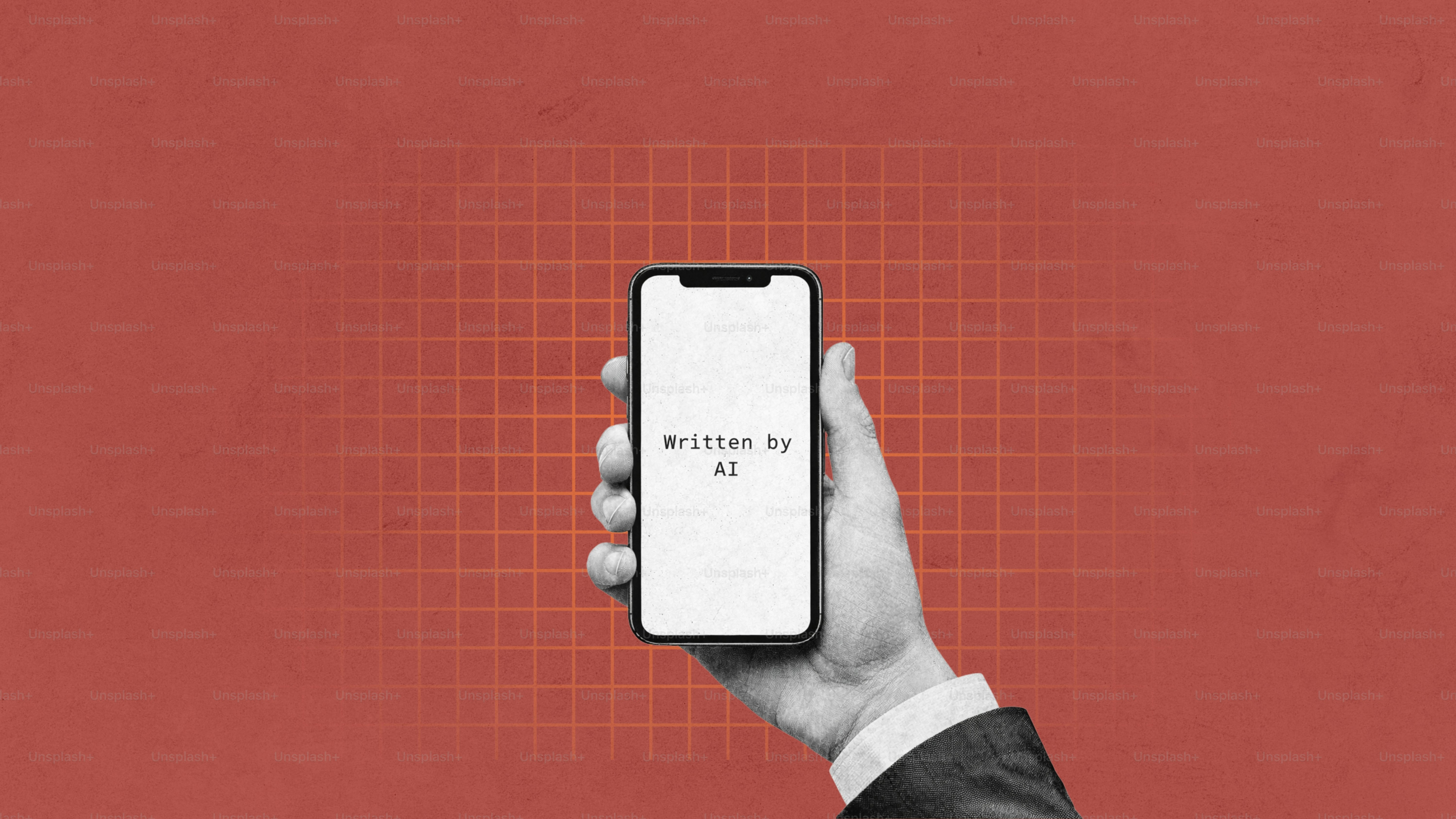 Hand holding smartphone displaying "written by ai"
