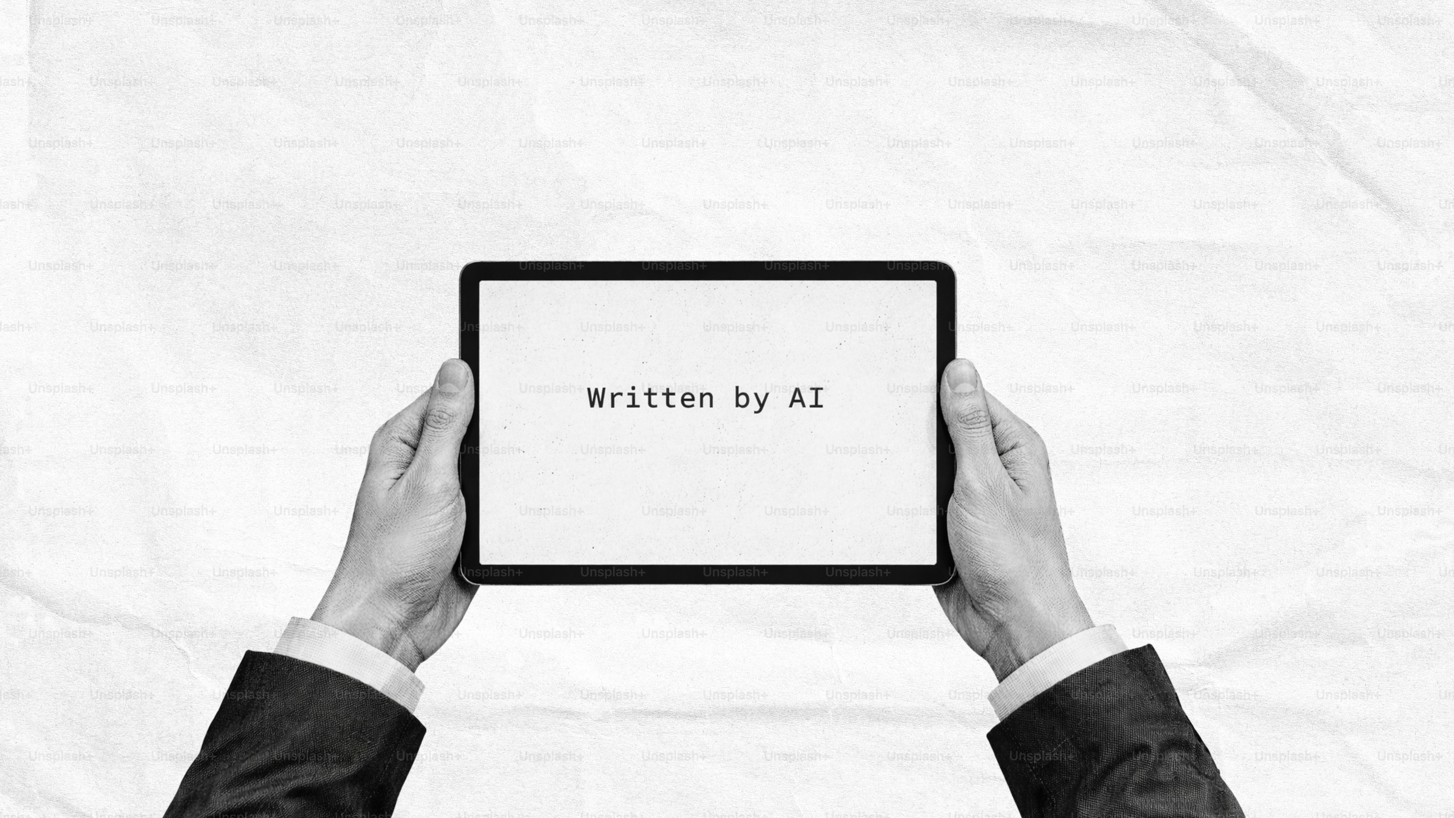Hands holding a tablet with 'written by ai' on screen.