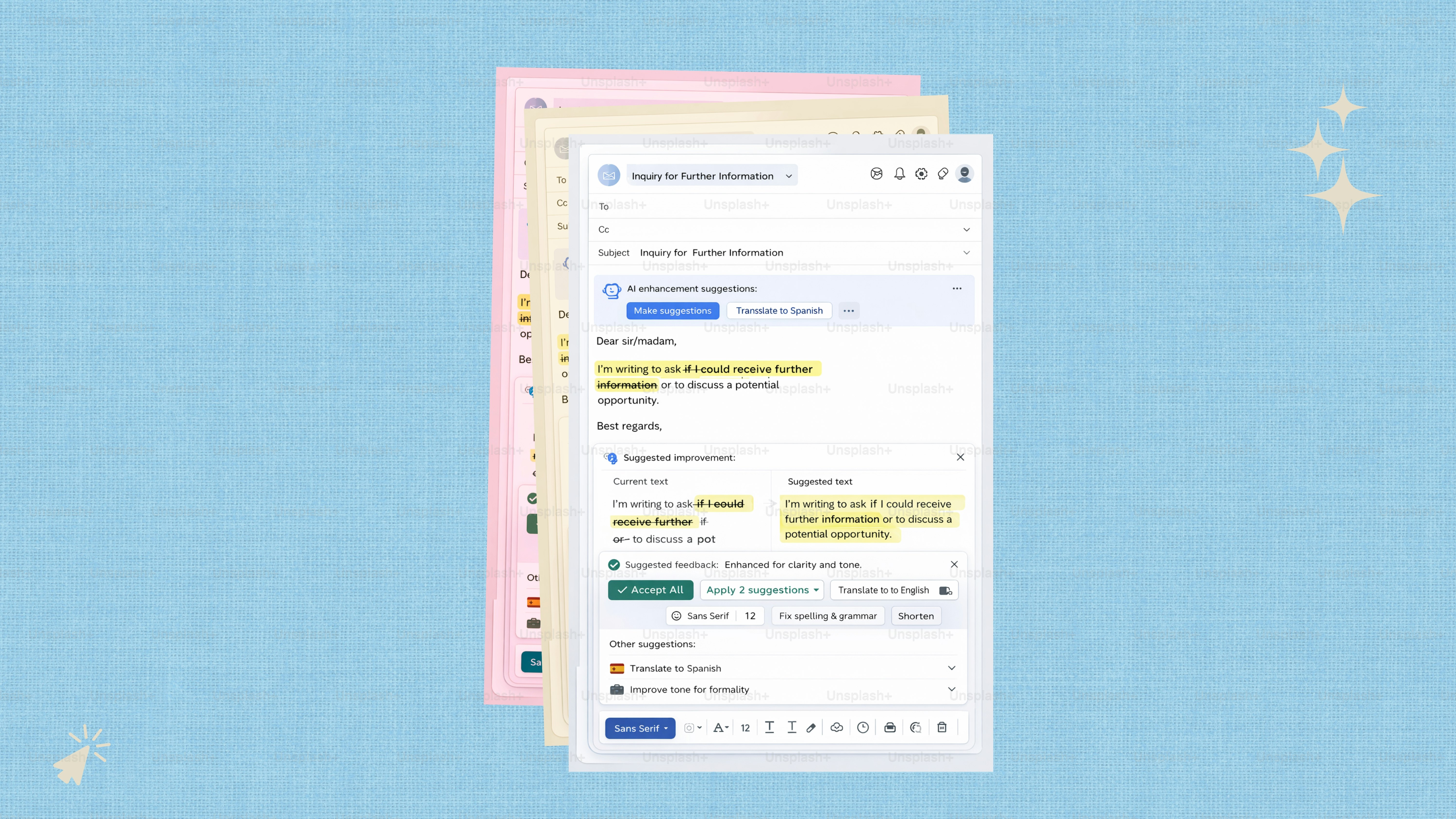 Stack of colorful papers with digital document on top