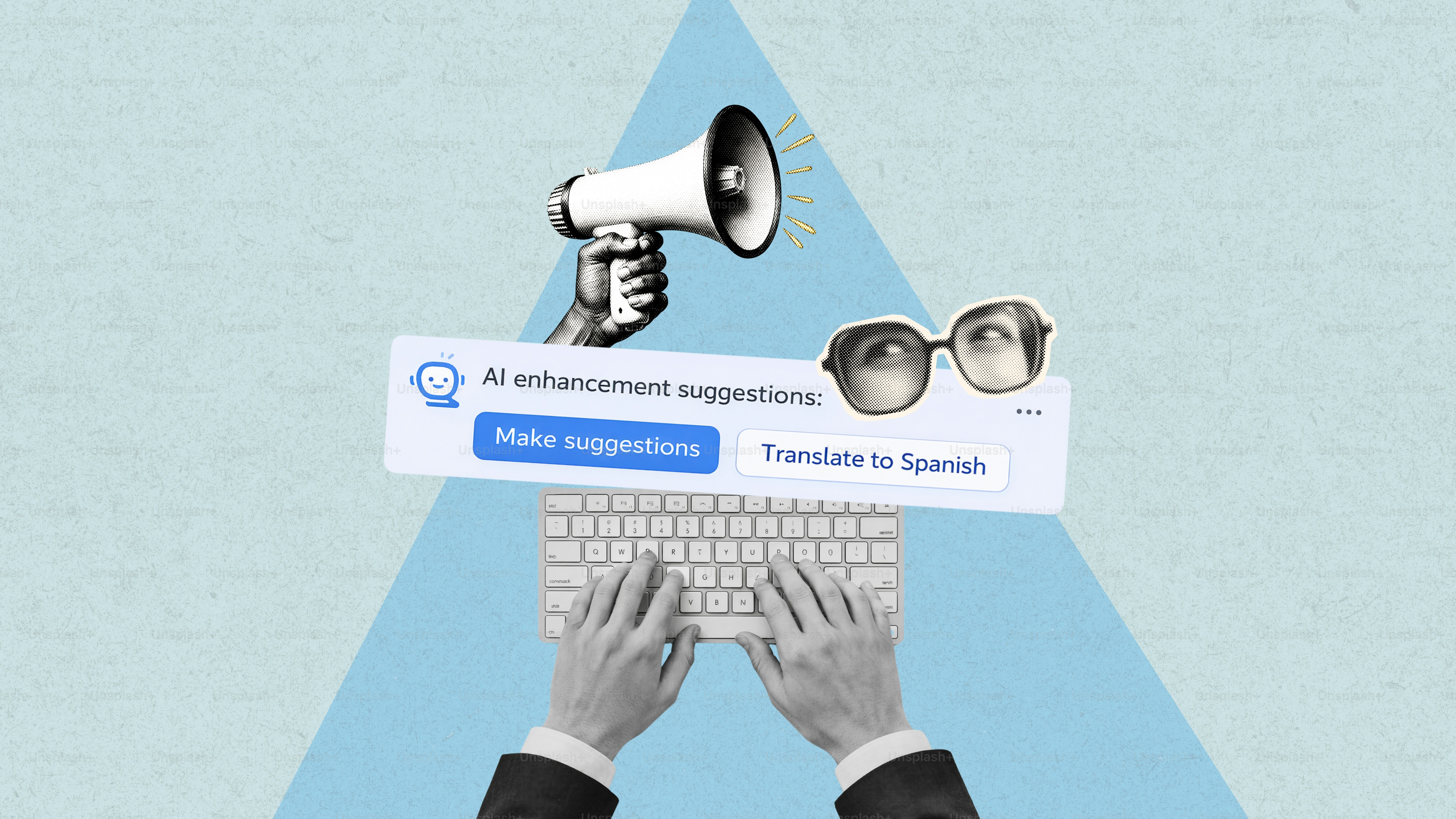 Hands typing on keyboard with ai suggestions and megaphone.