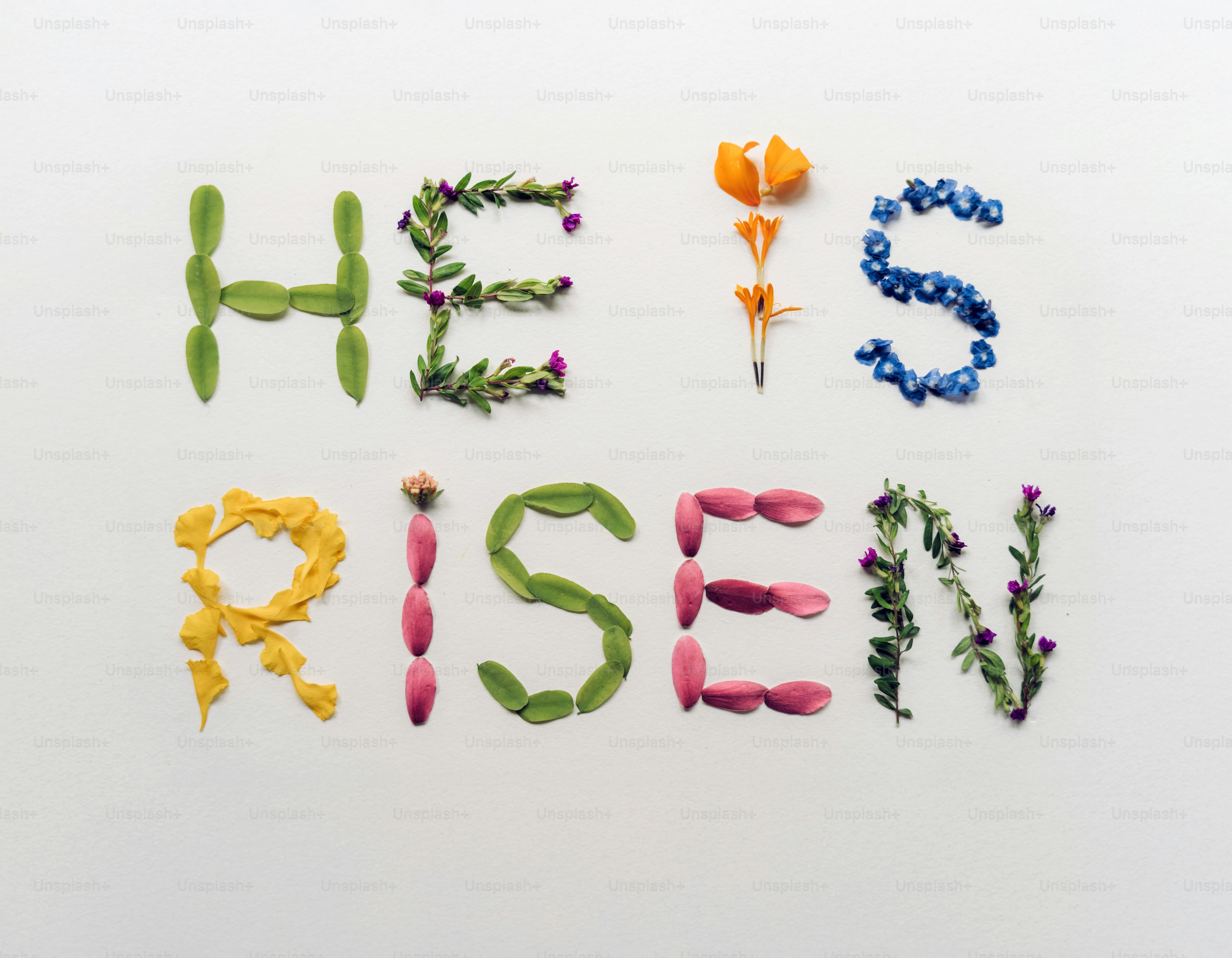 Flores e frutas formam "ele ressuscitou"