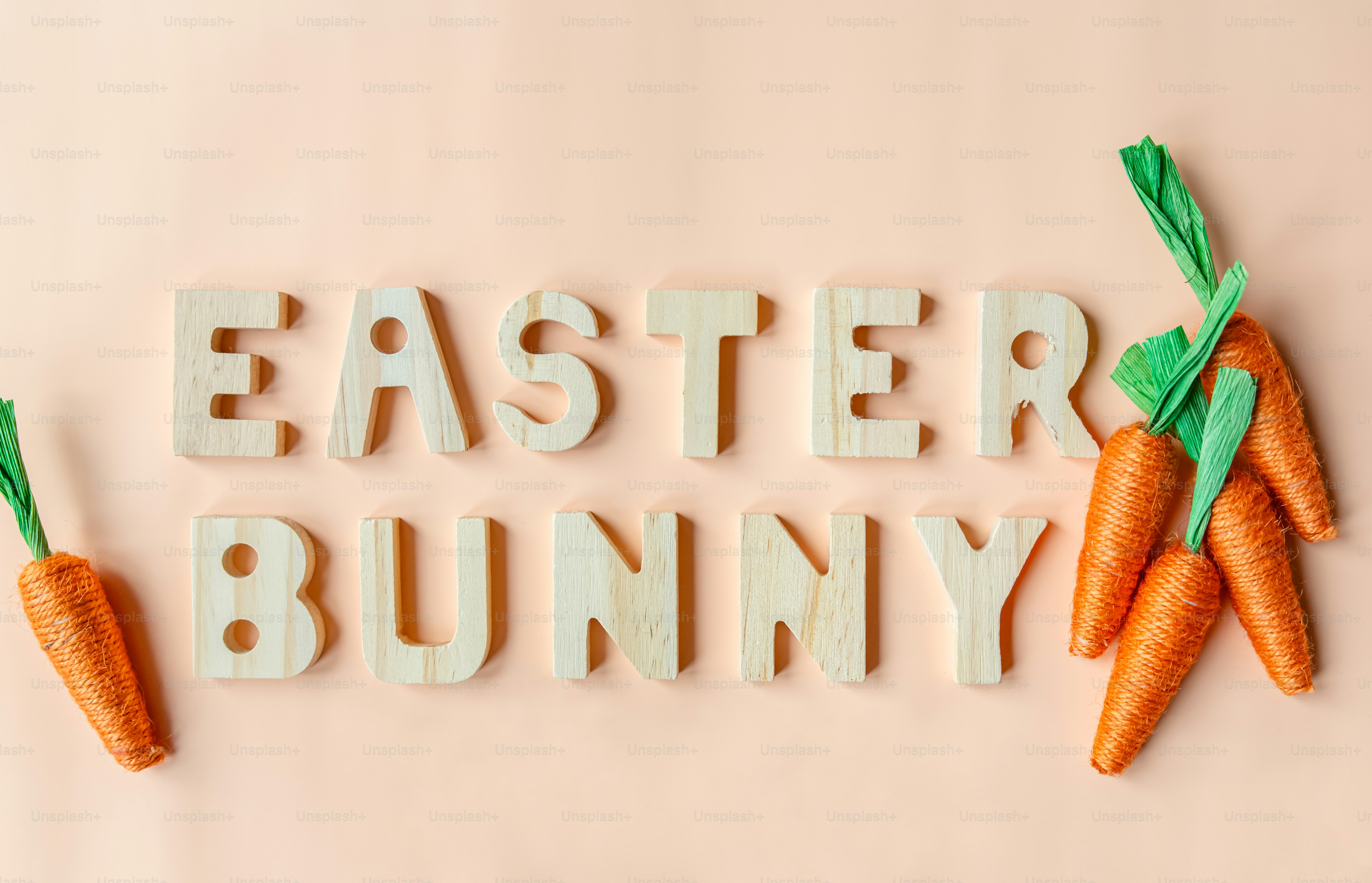 木の文字でイースターバニーとニンジンを綴っています